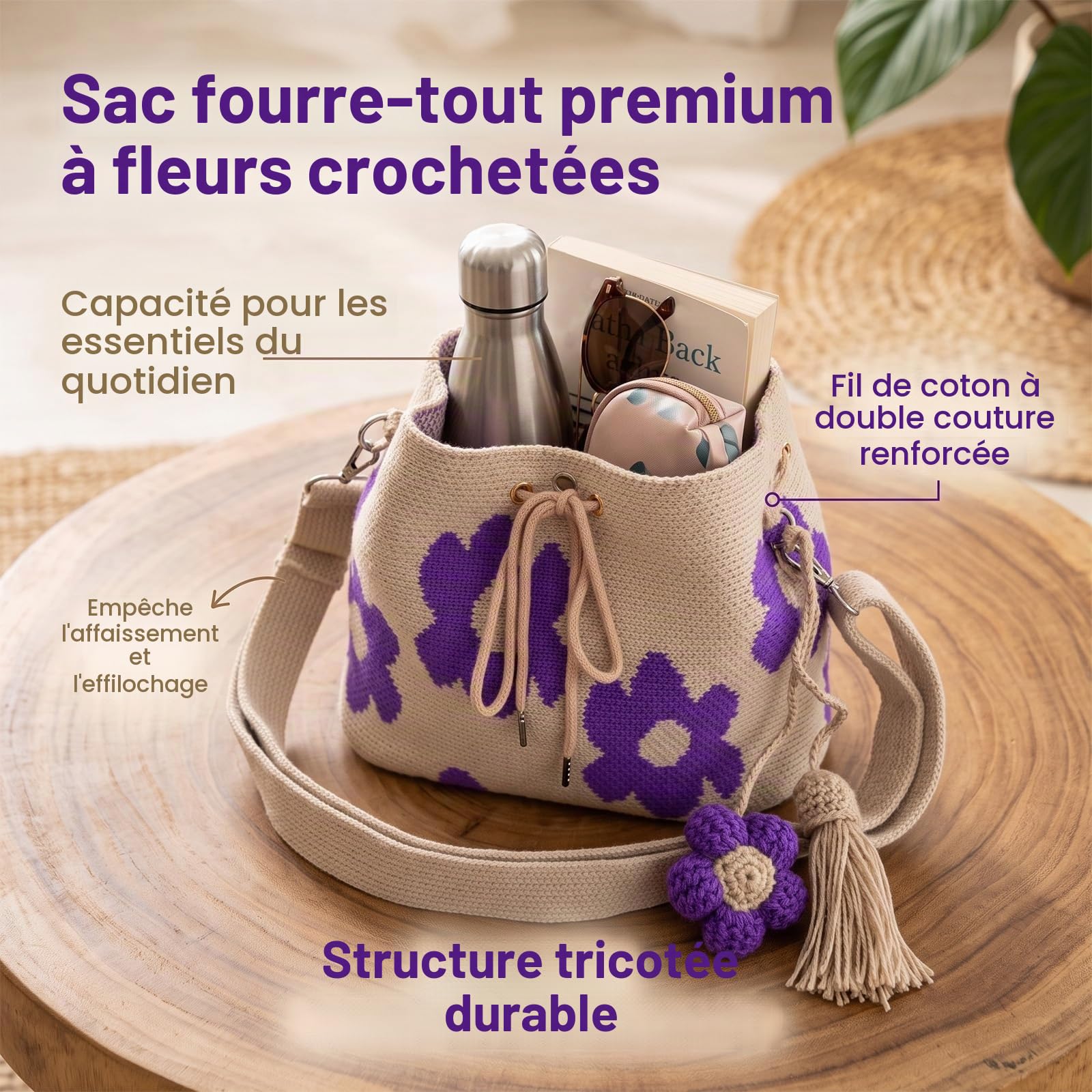 Sac fourre-tout à fleurs en crochet fait à la main, sac à bandoulière en maille beige renforcée avec charme floral, vacances d'été à la plage et marché fermier, marché de grande capacité(Style E)