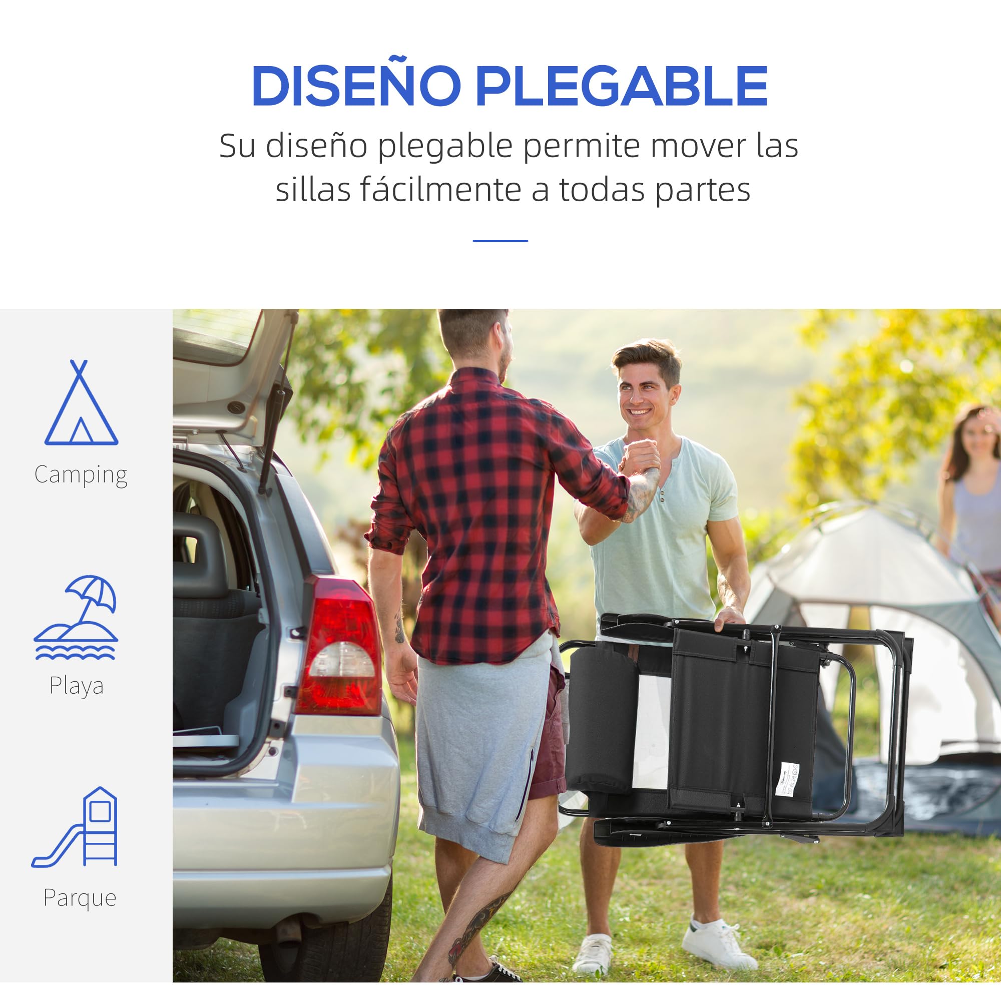 Outsunny Conjunto de 2 Sillas de Camping Plegables Sillas de Jardín con Reposacabezas Desmontable y Respaldo Reclinable en 5 Niveles Carga 120 kg para Terraza Playa 62x70x109 cm Negro