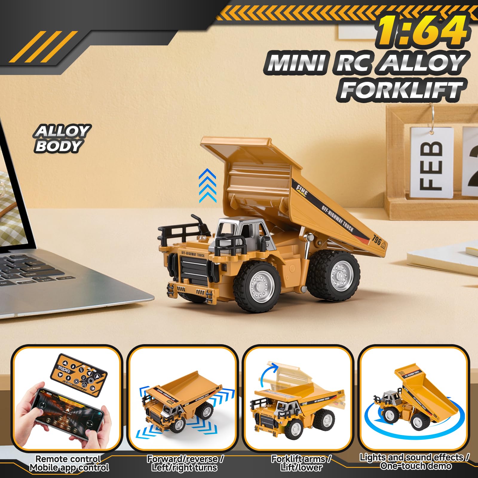 Mini Camion Benne Télécommandée, 1:64 RC Camion Benne Basculante en Métal avec Télécommande 2,4 GHz & Application, Mini Kipplaster RC avec Lumières et Sons, 2 Vitesses, Rechargeable USB - 4