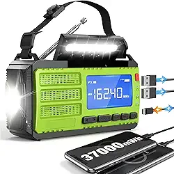 Rádio de emergência com manivela manual de 10000 wAh/37000 mWh, rádio AM FM NOAA, portátil, solar, 4 métodos de carregamento, lanterna de 3 modos, lâmpada de leitura, alarme SOS, carregador de