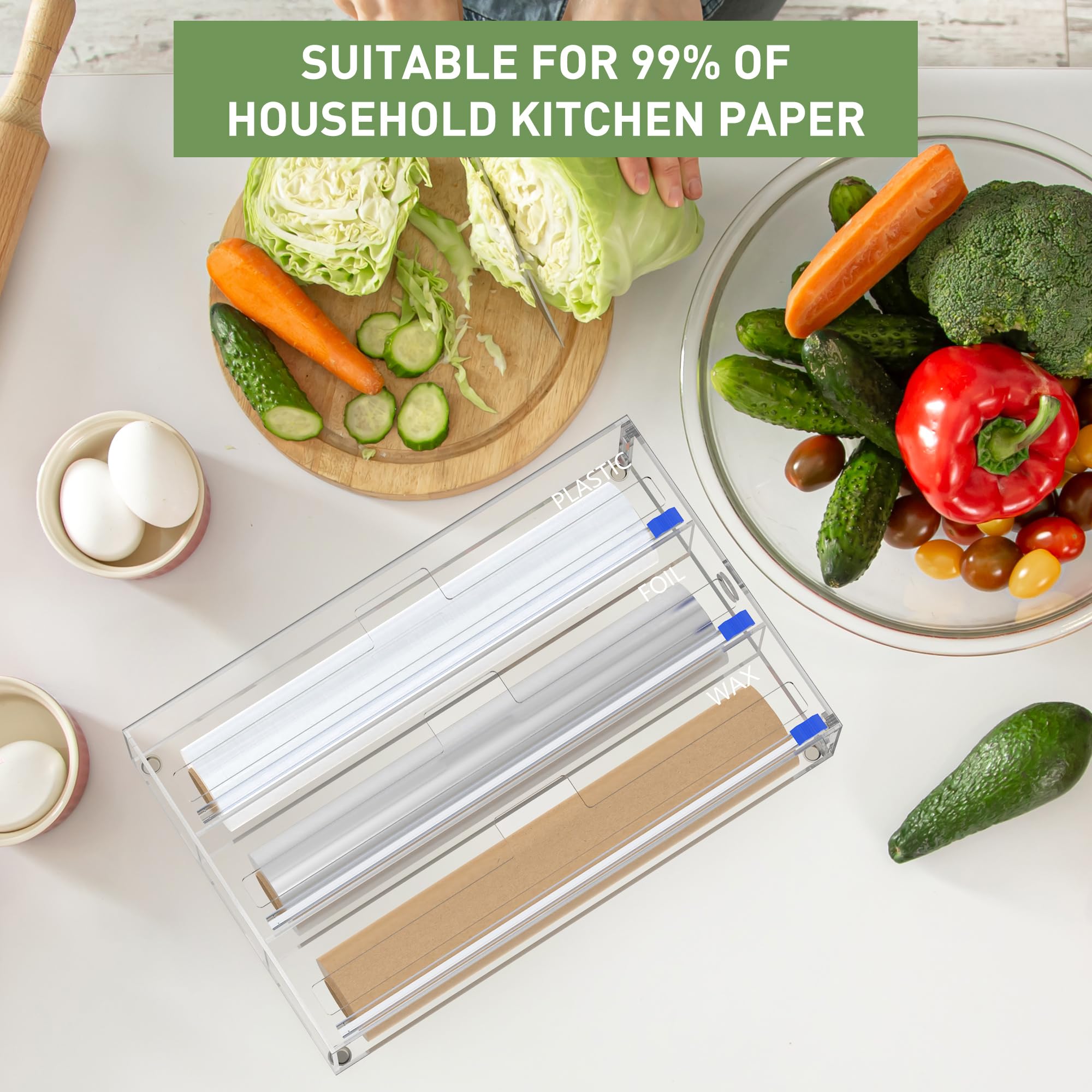 Dispensador de plástico con Cortador y Almohadilla Antideslizante, Organizador 3 en 1 Compatible con Rollo de Papel de Cera y Papel de Cera de 12 Pulgadas, cajones de Cocina, encimera o Montaje en