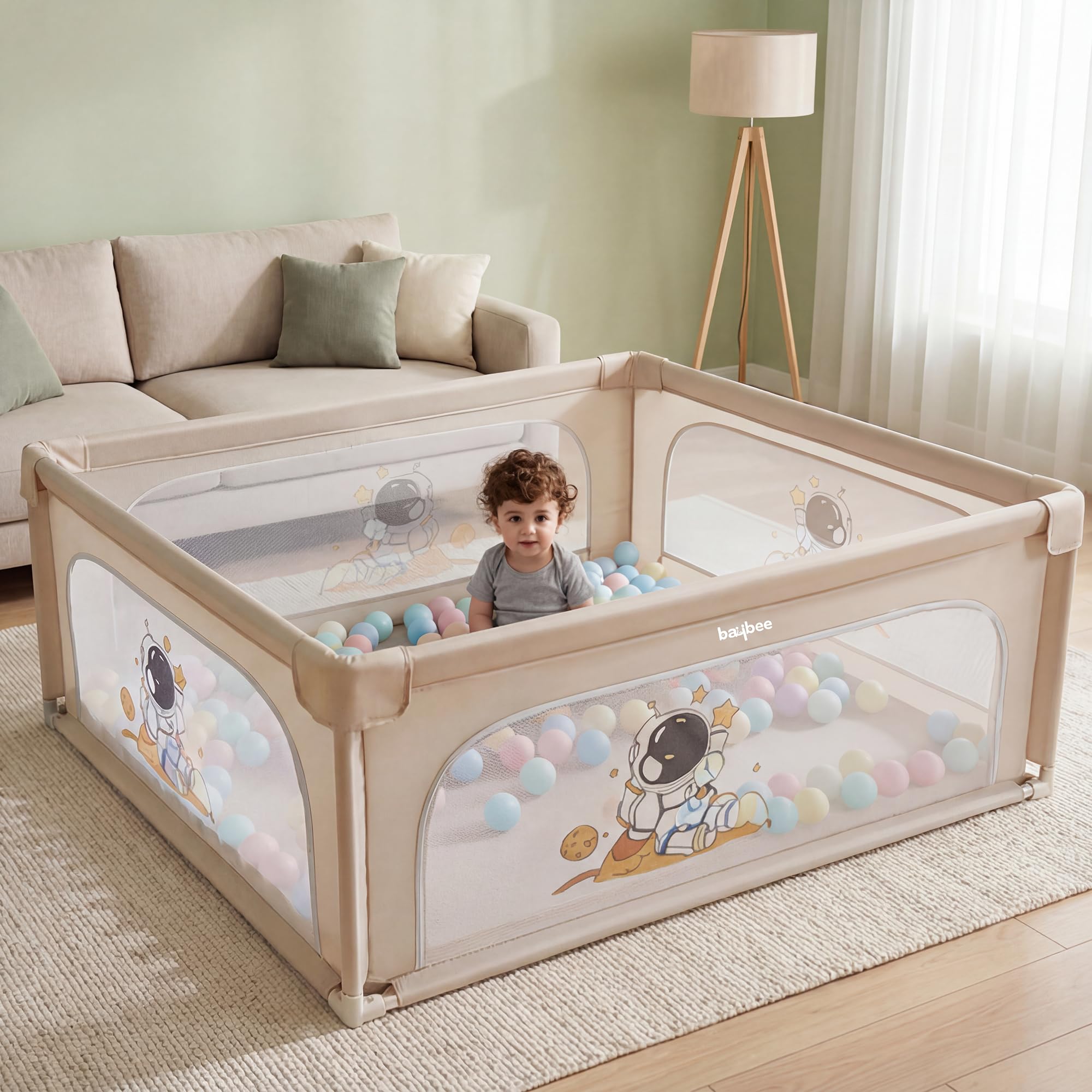 Baybee 120x120cm Kids Playpen with Balls, Beige - Image 1