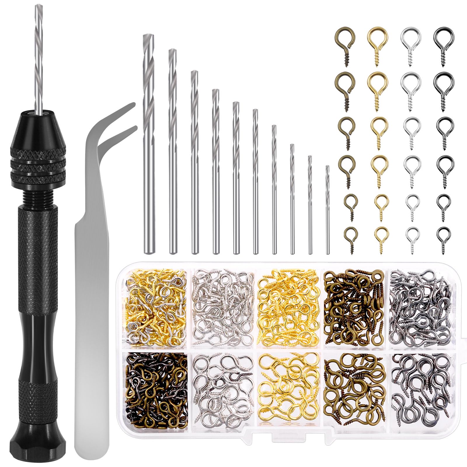 Wokape 492Pcs Pin Vise Hand Drill Bits Kit, Micro Mini Twist Drill Bits Set Contains 1Pc Push Hand Drill, 1Pc Tweezers, 10Pcs Drill Bits, 480Pcs 8/10/13mm Eye Screws for Resin Casting Molds