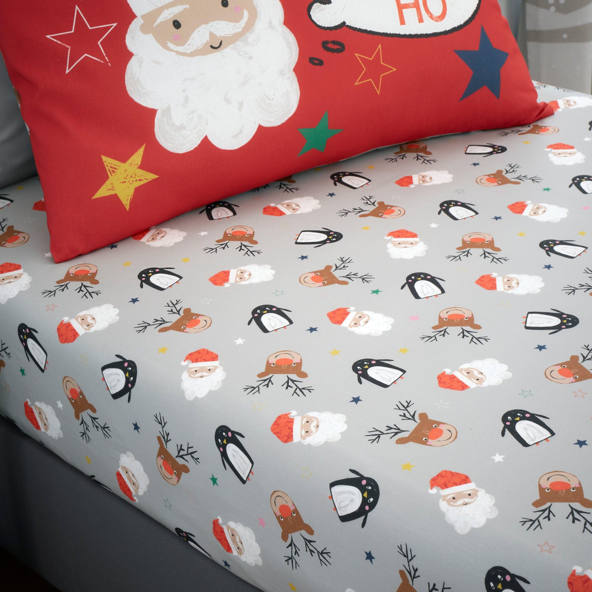 Bedlam Reindeer Kids Christmas Fitted Sheet – 190 X 95 X 25Cm – Grey Festive Bed Sheet With Santa, & Penguin Design