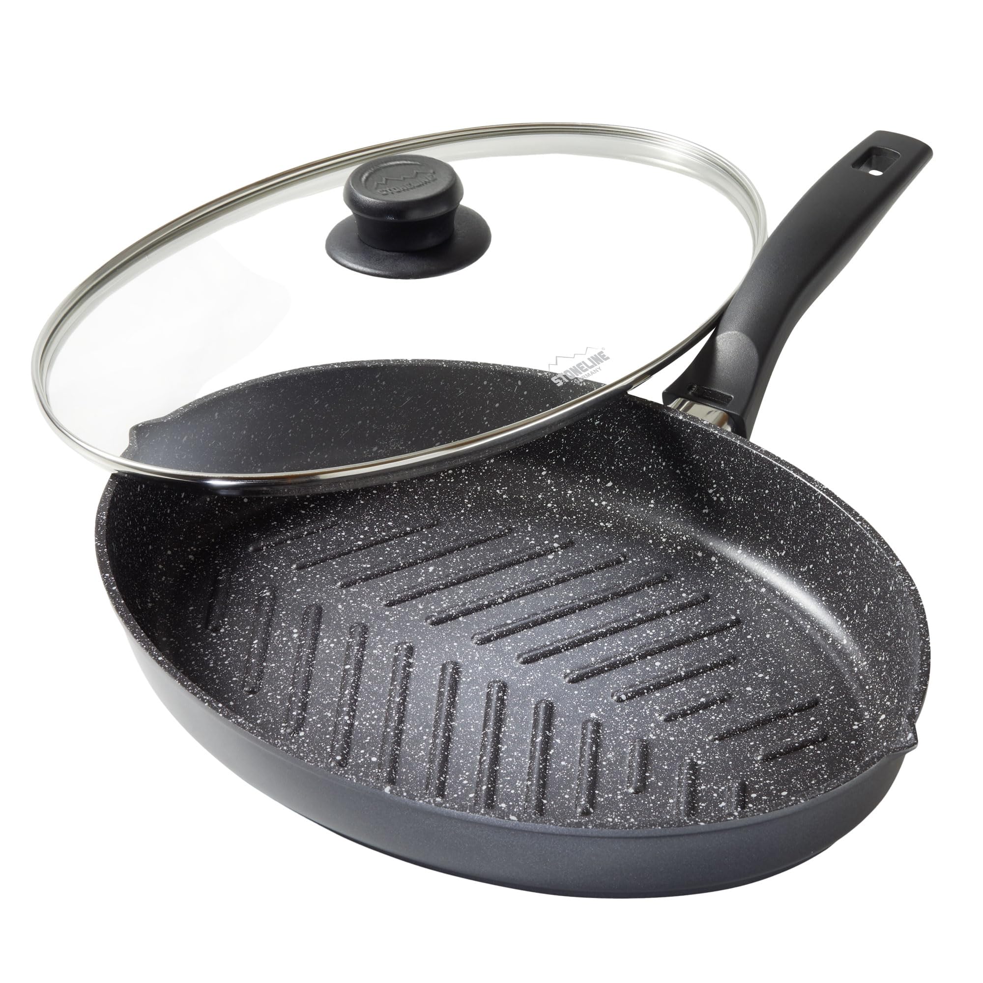 STONELINE Padella Ovale 35x24 cm, Padella Pesce Alluminio Pressofuso, Coperchio, Bistecchiera Grande Ovale, Rivestimento Antiaderente con Vere Particelle di Pietra, a Induzione, Tutti i Piani Cottura