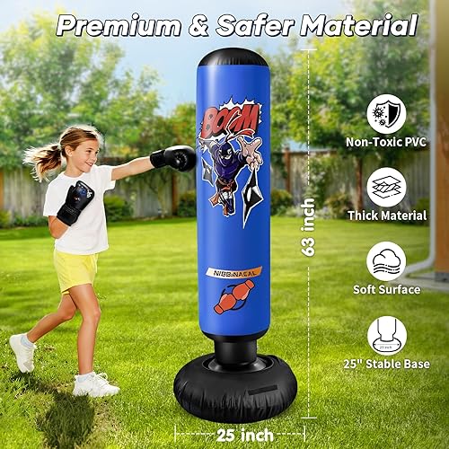 Miniatura 6 de Saco de boxeo para niños, juego de boxeo 5 en 1 para niños de 6 a 12 años, saco de boxeo inflable de 63 pulgadas con guantes, regalos para niños y