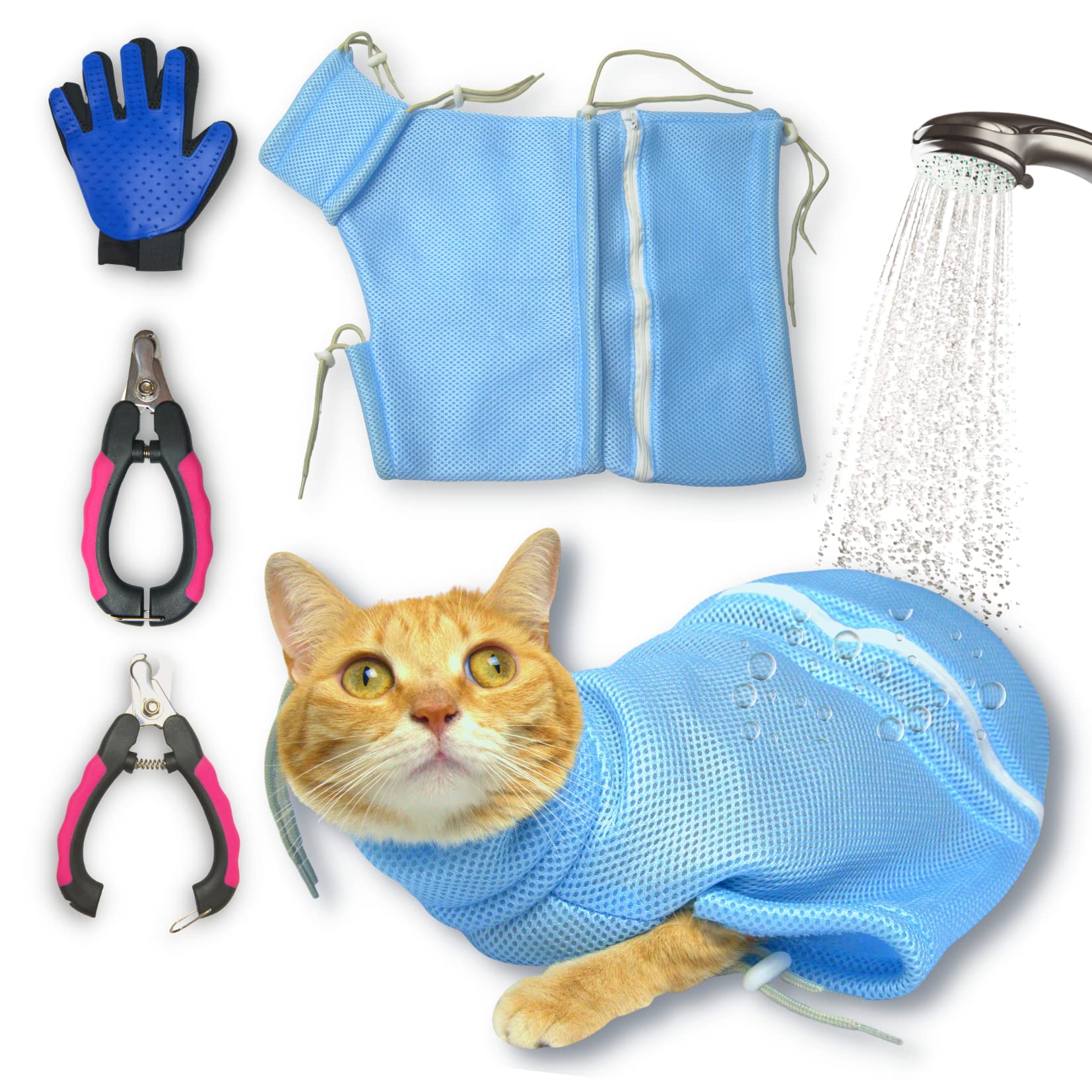 High Performance 3 Layers Cat Bathing Bag Set - 3 Pcs Multifunctional Grooming Kit with Restraint Bag, Durable Clippers, Bathing Glove - Cat Bathing Bag Anti Scratch - Cat Washing Bag for All Ages…