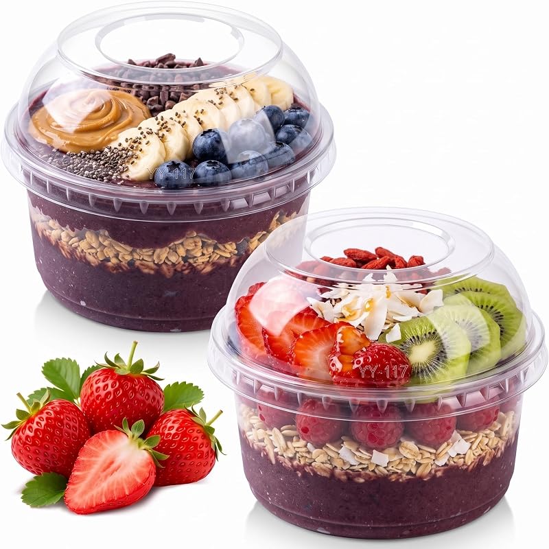 Paquete de 50 vasos de postre de plástico transparente de 16 oz con tapas de cúpula – Cuencos desechables de Acai para parfaits, yogur, frutas, ensaladas, recipientes para servir fiestas, preparación de comidas