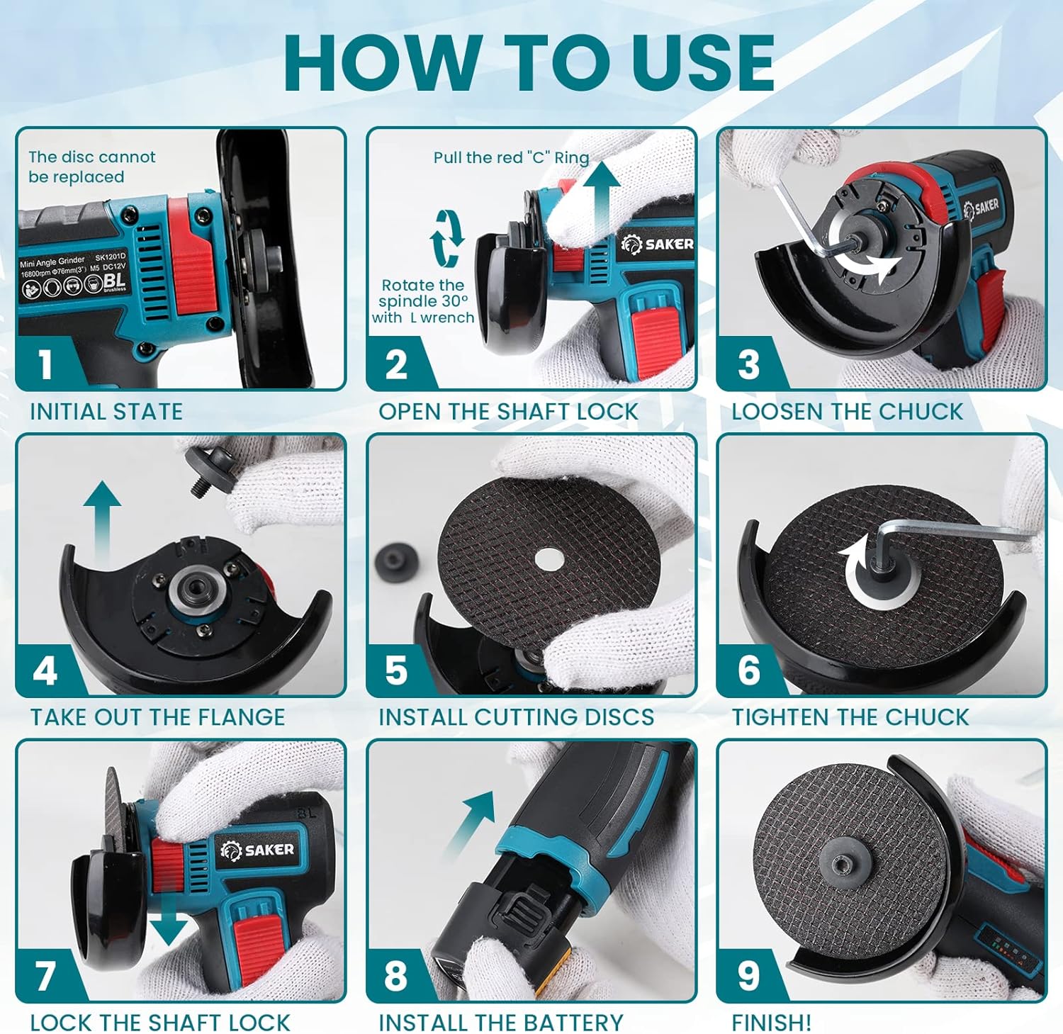 Saker Cordless Mini Angle Grinder in use, showing sparks from metal grinding.