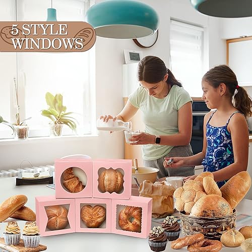 Miniatura 5 de KPOSIYA 65 cajas de panadería con ventana de 6 x 6 x 3 pulgadas, cajas de galletas de 5 estilos, cajas pequeñas de pastelería para dulces, postres,