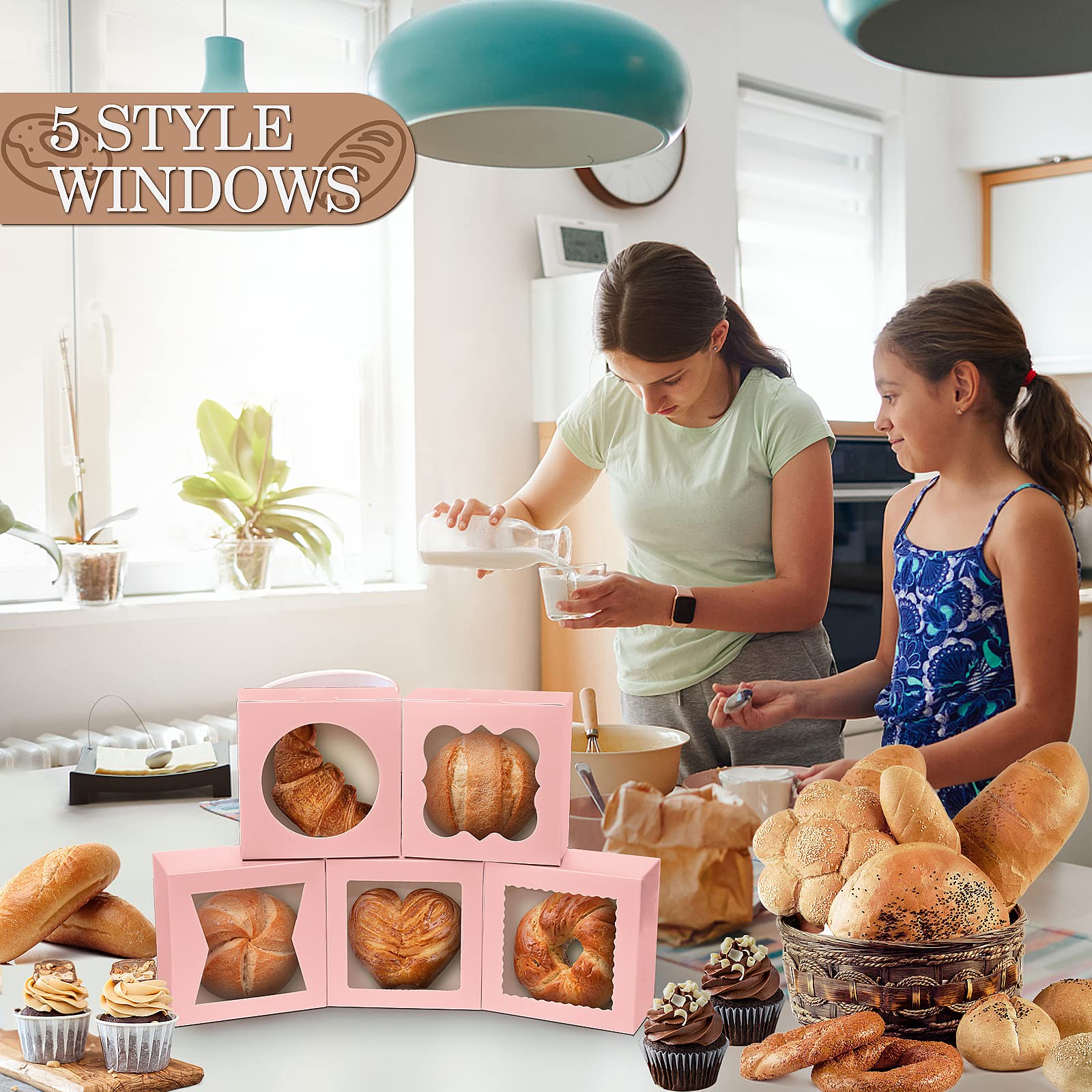 KPOSIYA 65 cajas de panadería con ventana de 6 x 6 x 3 pulgadas, 5 cajas de galletas pequeñas para dulces, postres, pasteles, donas, fiesta de cumpleaños, boda (rosa)