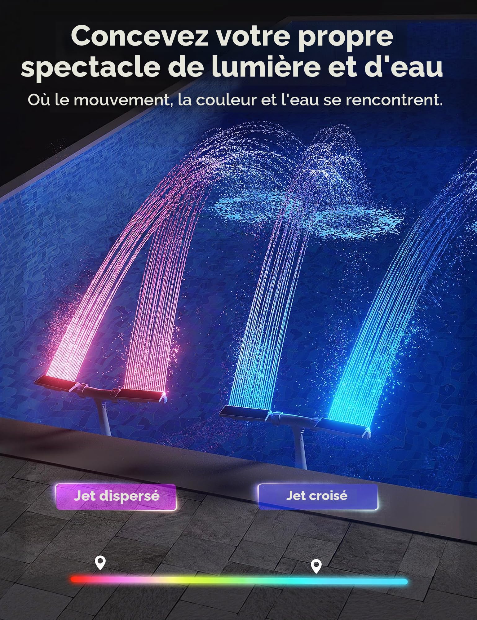 POOLHACKER Fontaine de piscine solaire avec éclairage LED 10 couleurs, design nouvellement affiné, capteur crépusculaire automatique et minuterie, télécommande, jet réglable à double tête pour