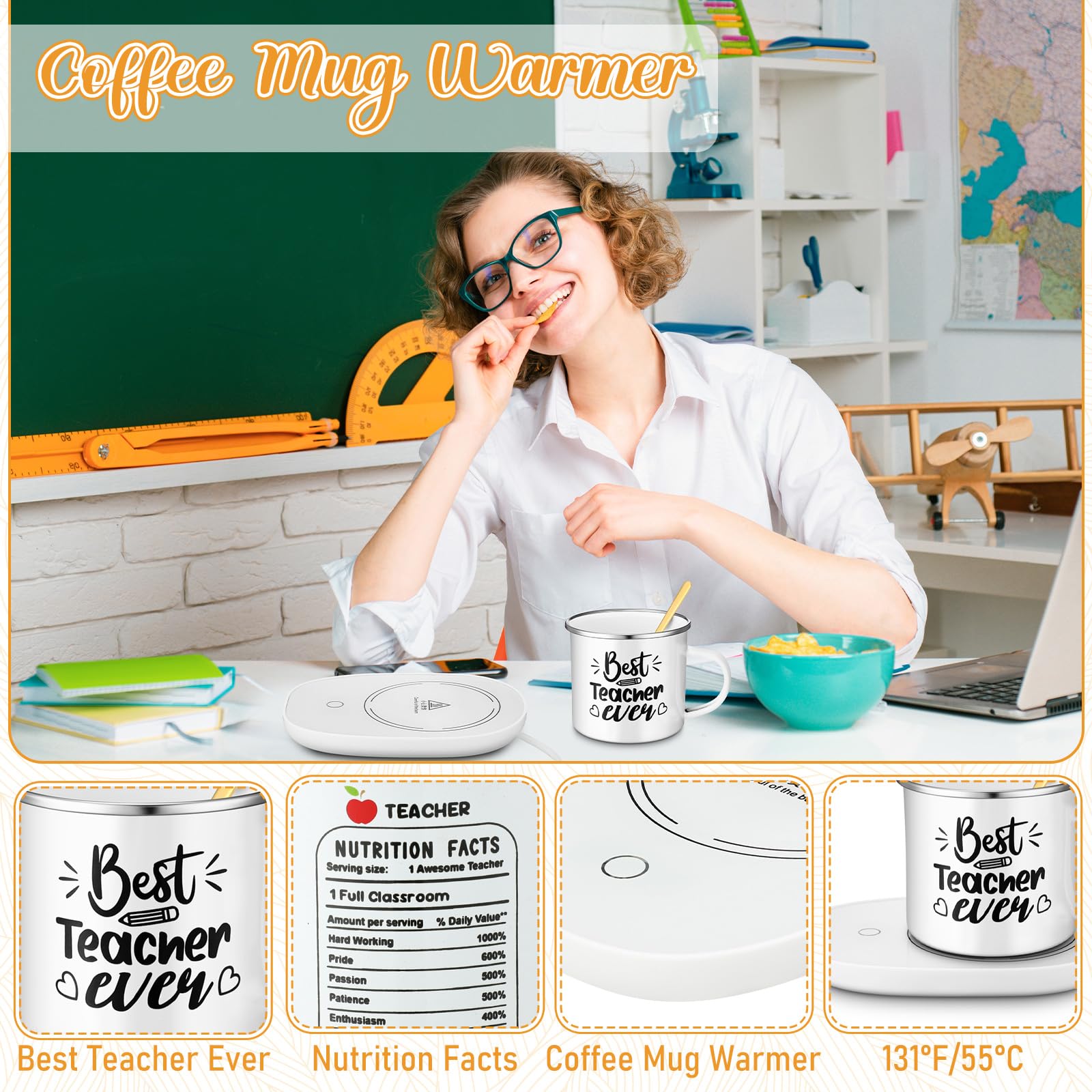 Juego de regalos de agradecimiento para profesores, taza de café de cerámica con calentador de tazas y cuchara de acero inoxidable, Día del Maestro, Día del Padre, Día de la Enfermera 3