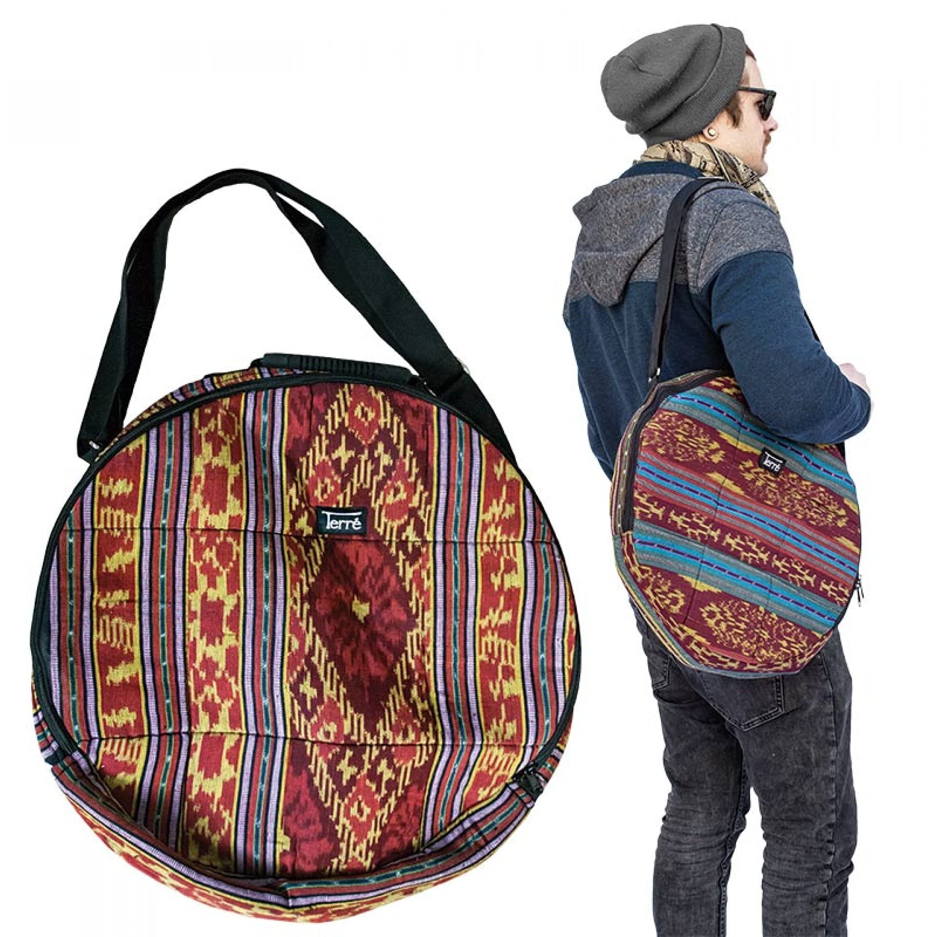 Shamandrum Tasche ROT Töne aus Ikat-Webstoff Ø 60 cm für Schamanentrommel - im MYSEVENDO Set - Rund Ritual Drum Trageriemen Trommeltasche