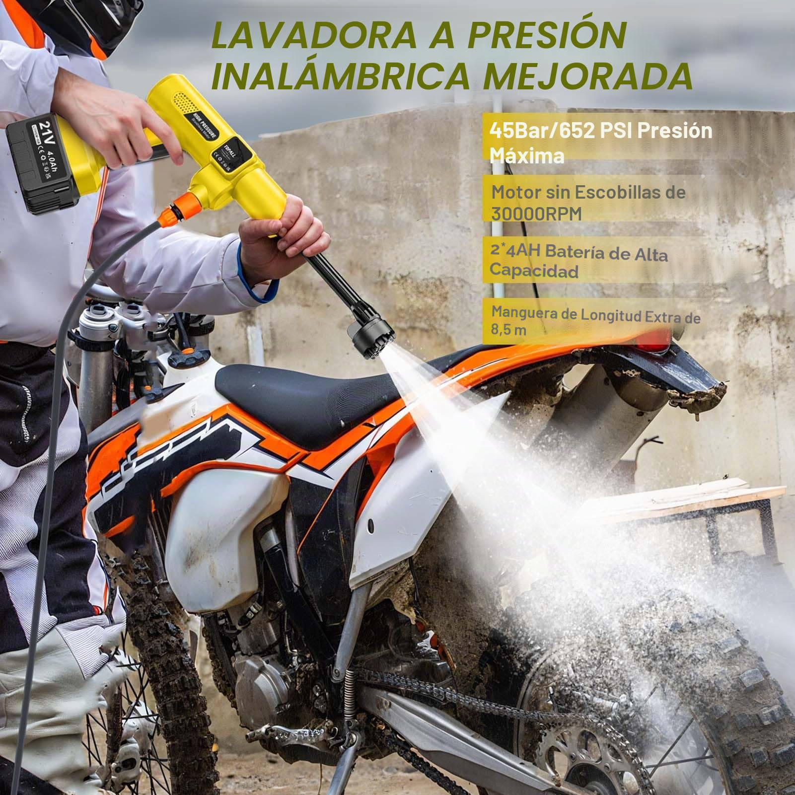 TOPALL Hidrolimpiadora Bateria Portatil,Press & Clean Pistola Lavado,Máximo 45Bar/652PSI,Pistola de Agua a Presión con Batería de 2 * 4.0Ah | Manguera de 8.5M | 6 en 1 Boquilla |Giratoria Boquilla