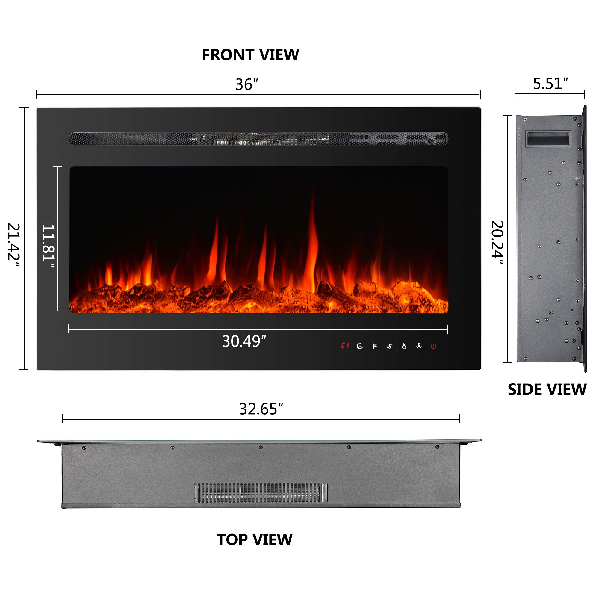 36 Inch Electric Fireplace Inserts, Wall Mounted Fireplace, Recessed Electric Fireplace, Led