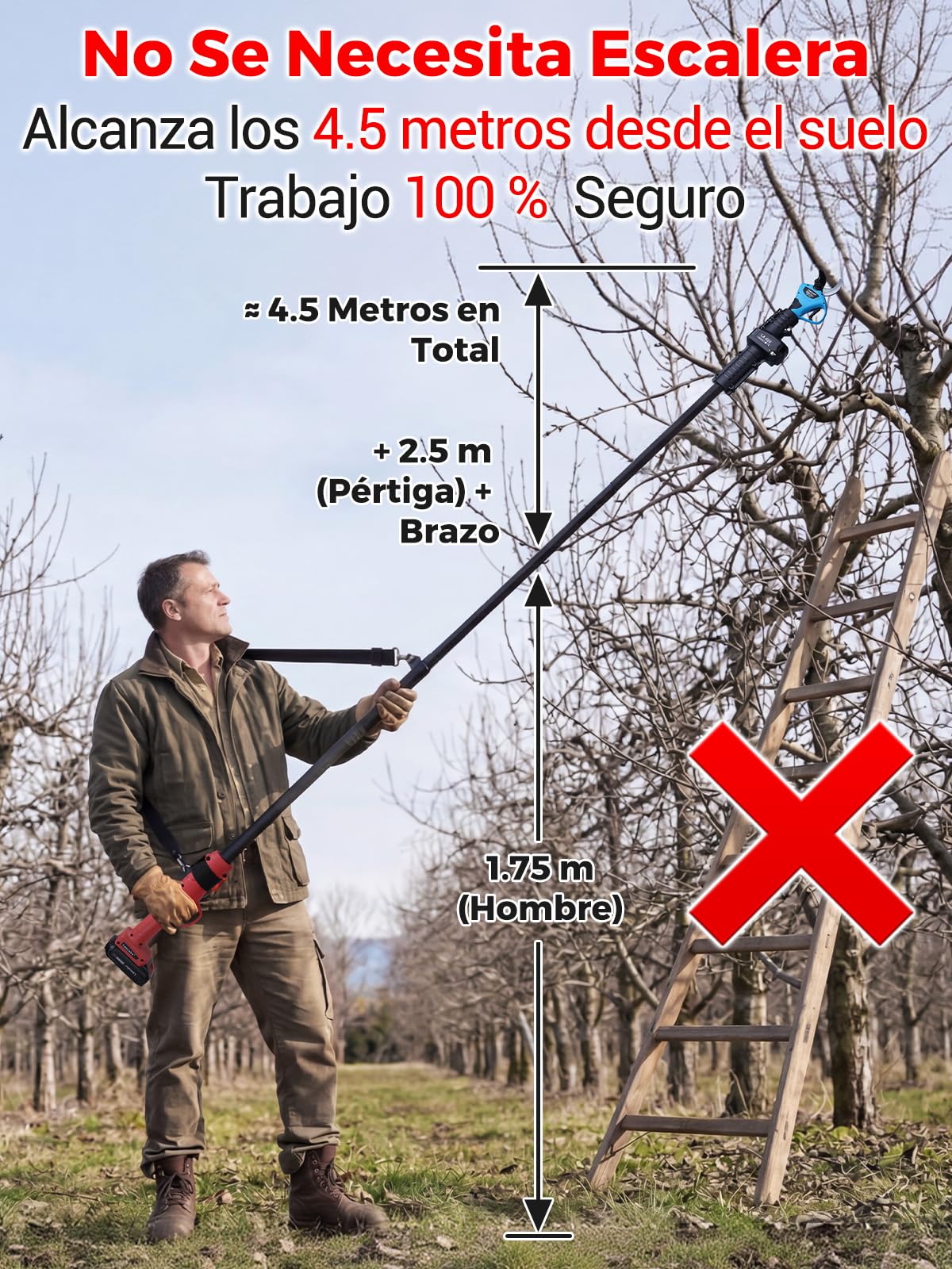 Laecabv Barra de Extensión Telescópica 2.5M para Tijeras de Podar Eléctricas (SOLO Modelo LA40)- Pértiga Extensible de Aluminio Ligero con Correa, Poda de Ramas Altas desde el Suelo Sin Escalera