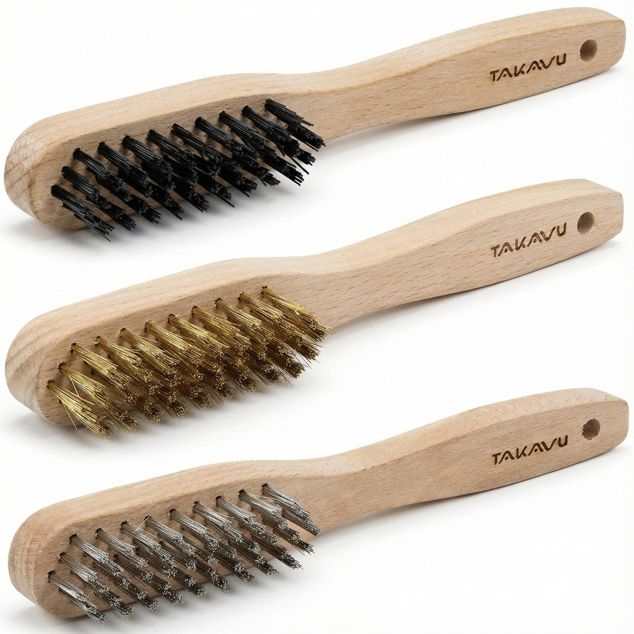 TAKAVU 3pc Small Wire Brush Set (Wood Handle) - Stainless Steel, Brass & Nylon Bristles for Cleaning Rust, Paint, Dirt & Heavy Duty Scrubbing