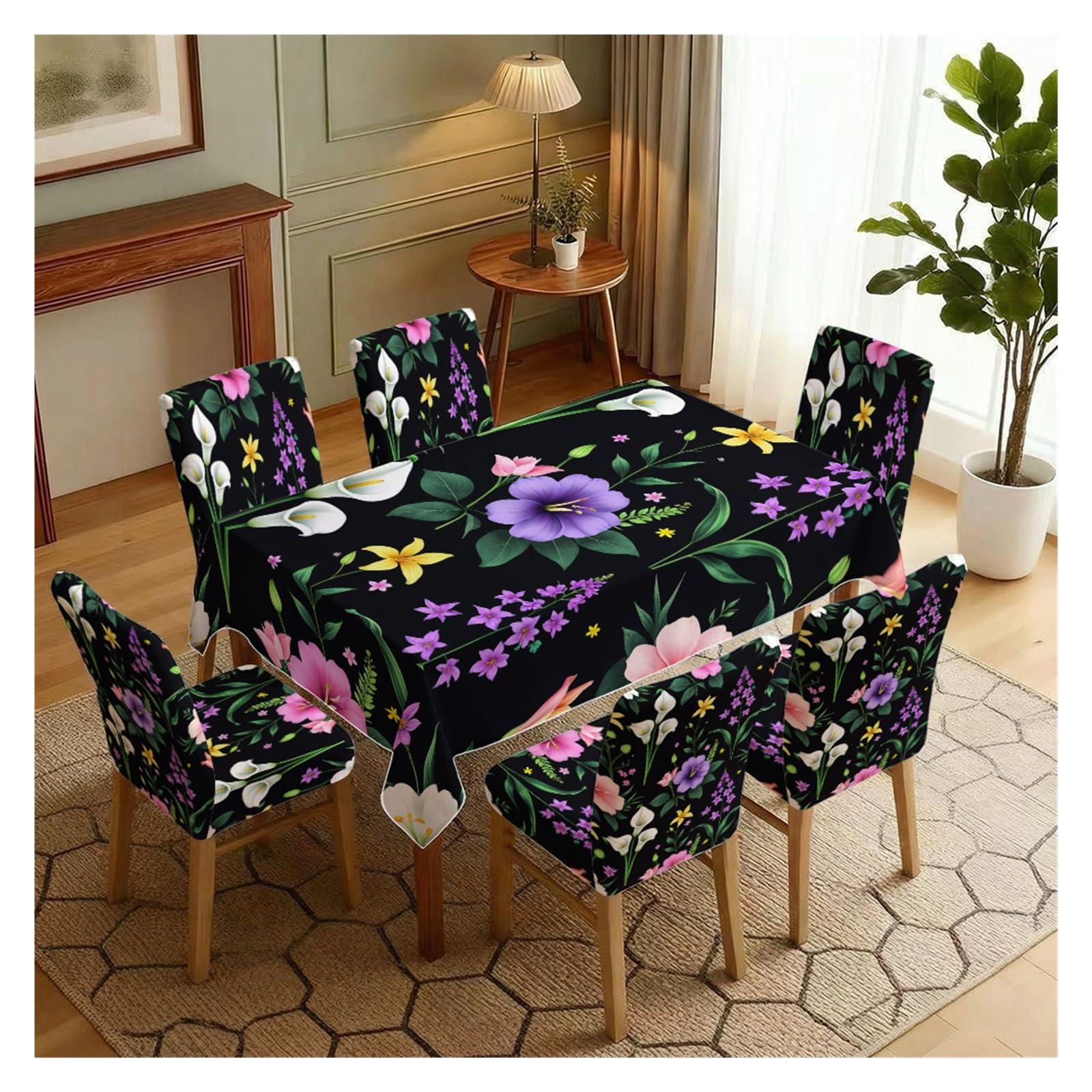 BOSUYBN Stretch Dining Chair Slipcover & Tablecloth Set, Black Base Colorful Calla Lily Wildflower Print, 5/7 Pack, Boho Luxury Dining Home Decor Table Setting(7pcs Set: Tablecloth+Chair Covers)