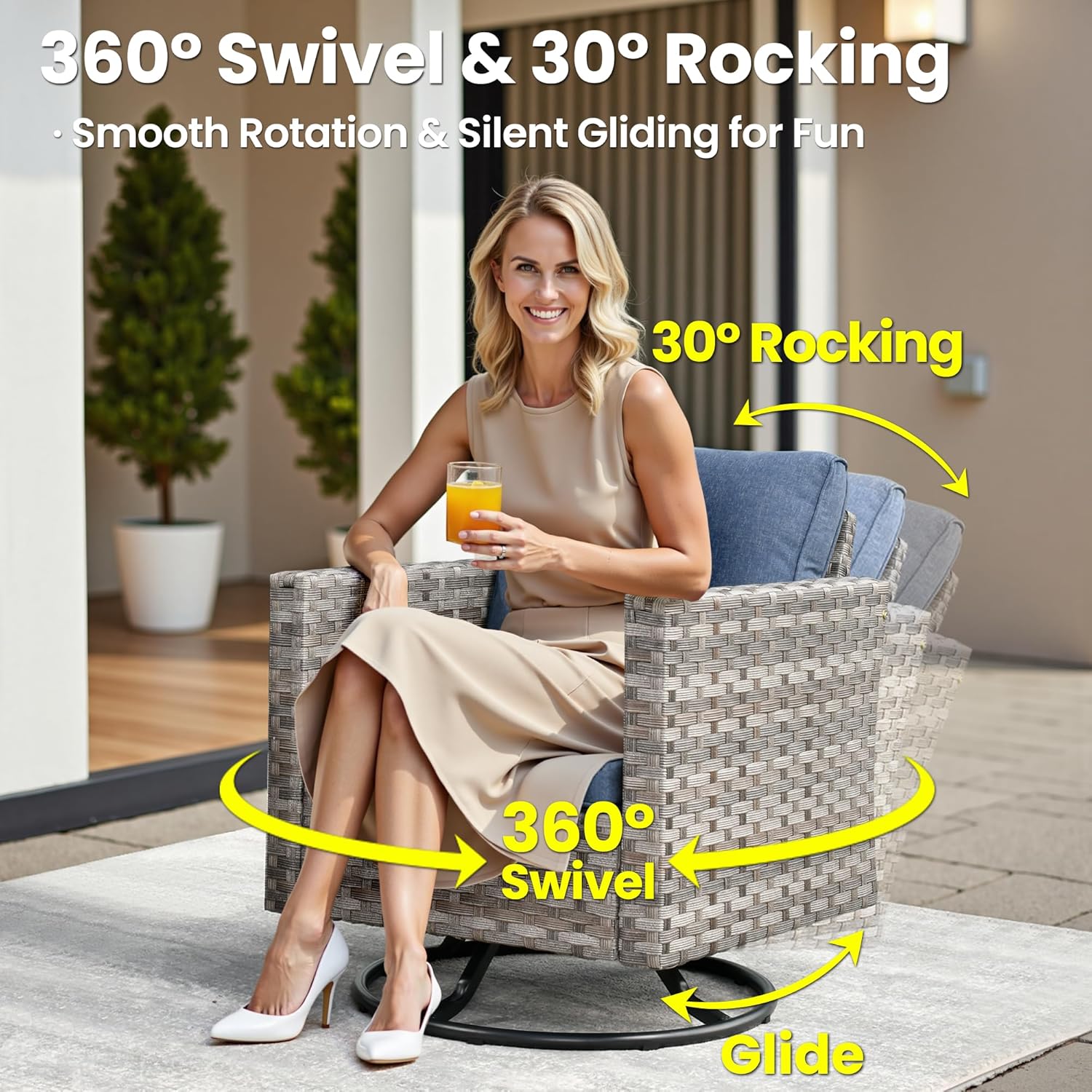 ovios Patio Rocking Chair, Outdoor Wicker Rattan Chair with Comfortable Cushions and Deep Seat for Porch Garden Deck, Denim Blue