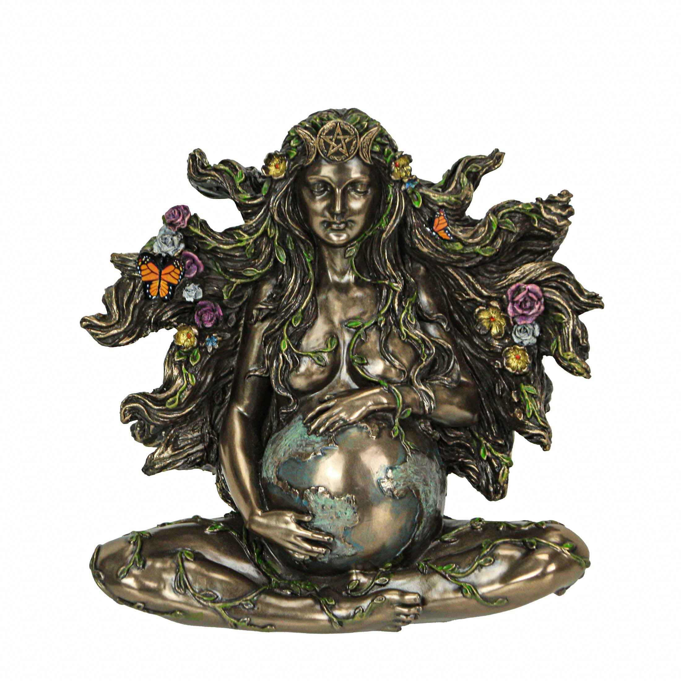 Veronese Design 6 7/8" Sitting Pregnant Mother Gaia with Butterflies Resin Sculpture Cast Bronze Finish