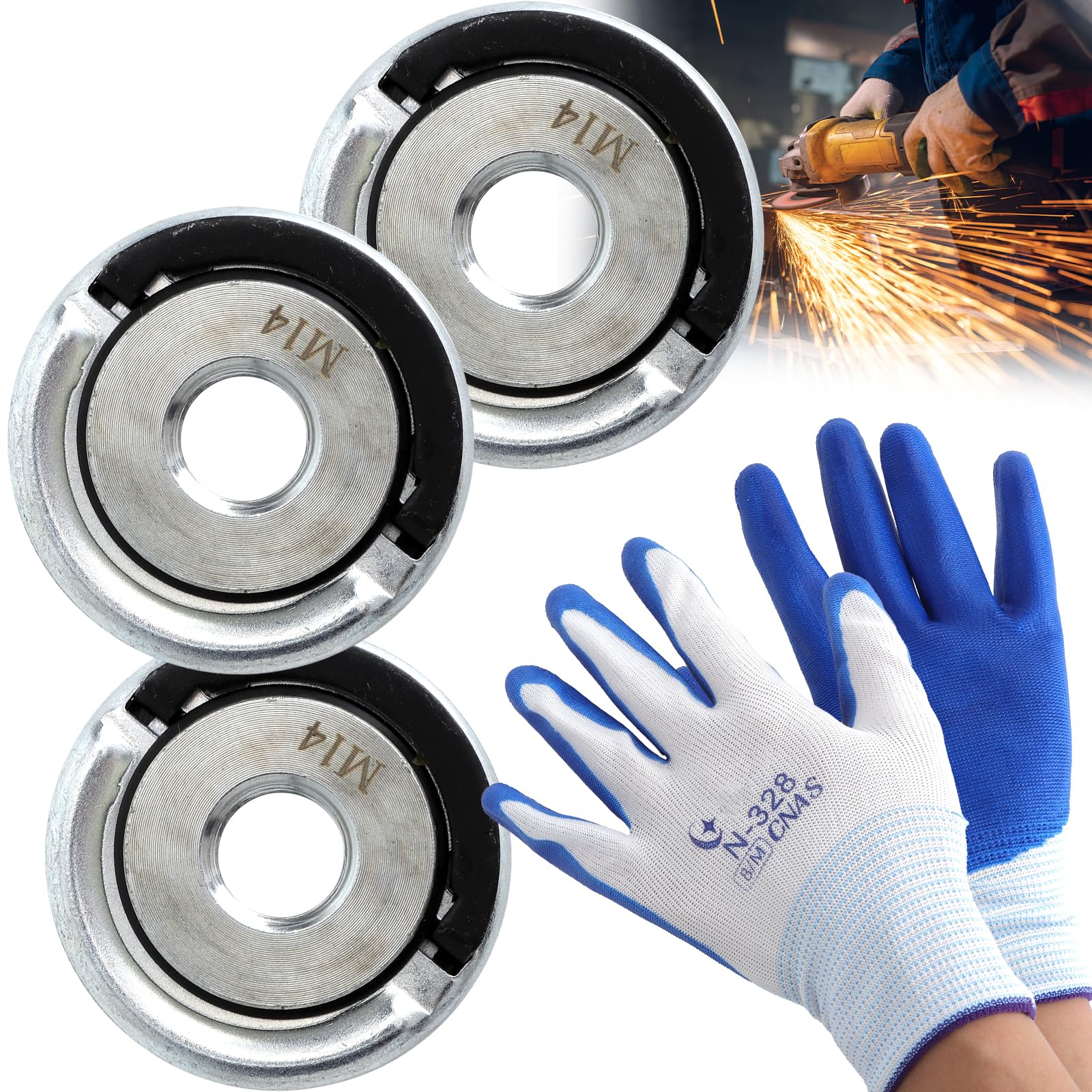 Dado M14 per Smerigliatrice con Chiusura Rapida – Set di 3 Pezzi, Serraggio Manuale Senza Chiavi, Autobloccante e Antivibrazione, in Lega di Alluminio, con Guanti in Nitrile, Compatibilità Universale
