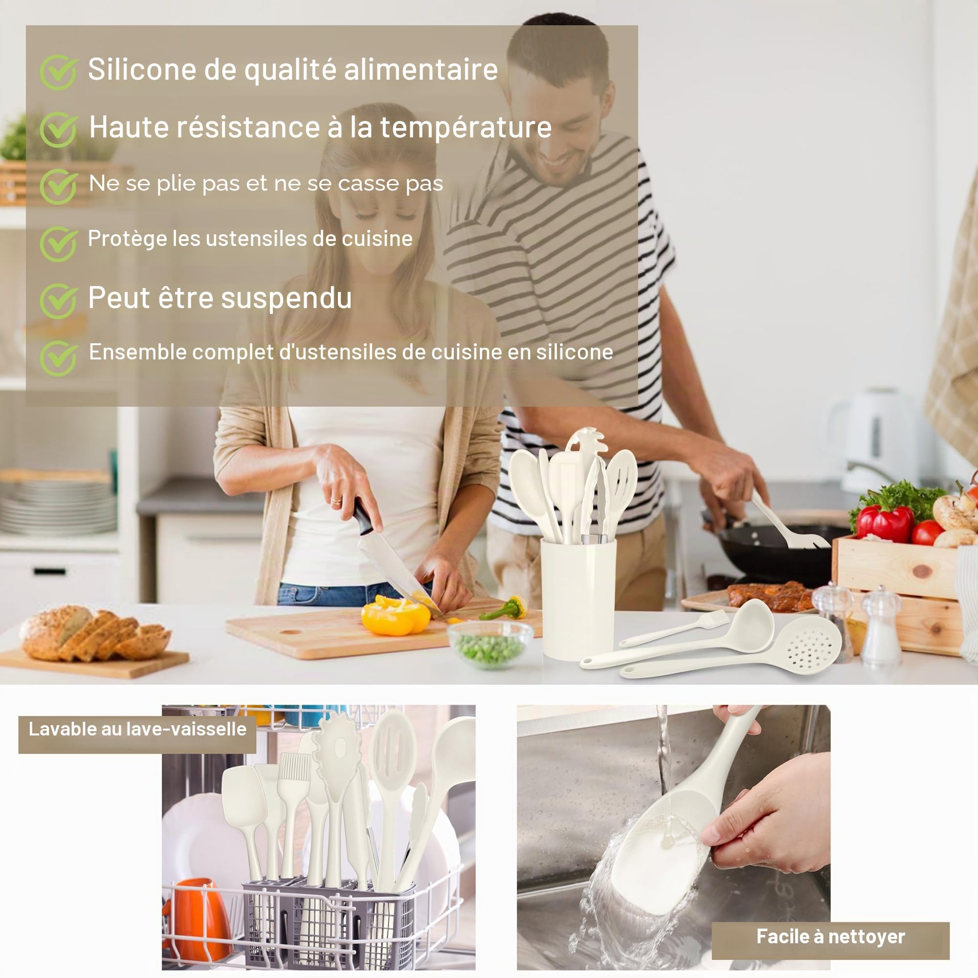 Joyfair Lot de 15 ustensiles de cuisine en silicone résistants à la chaleur avec porte-ustensiles, ustensiles de cuisine antiadhésifs, passe au lave-vaisselle, blanc