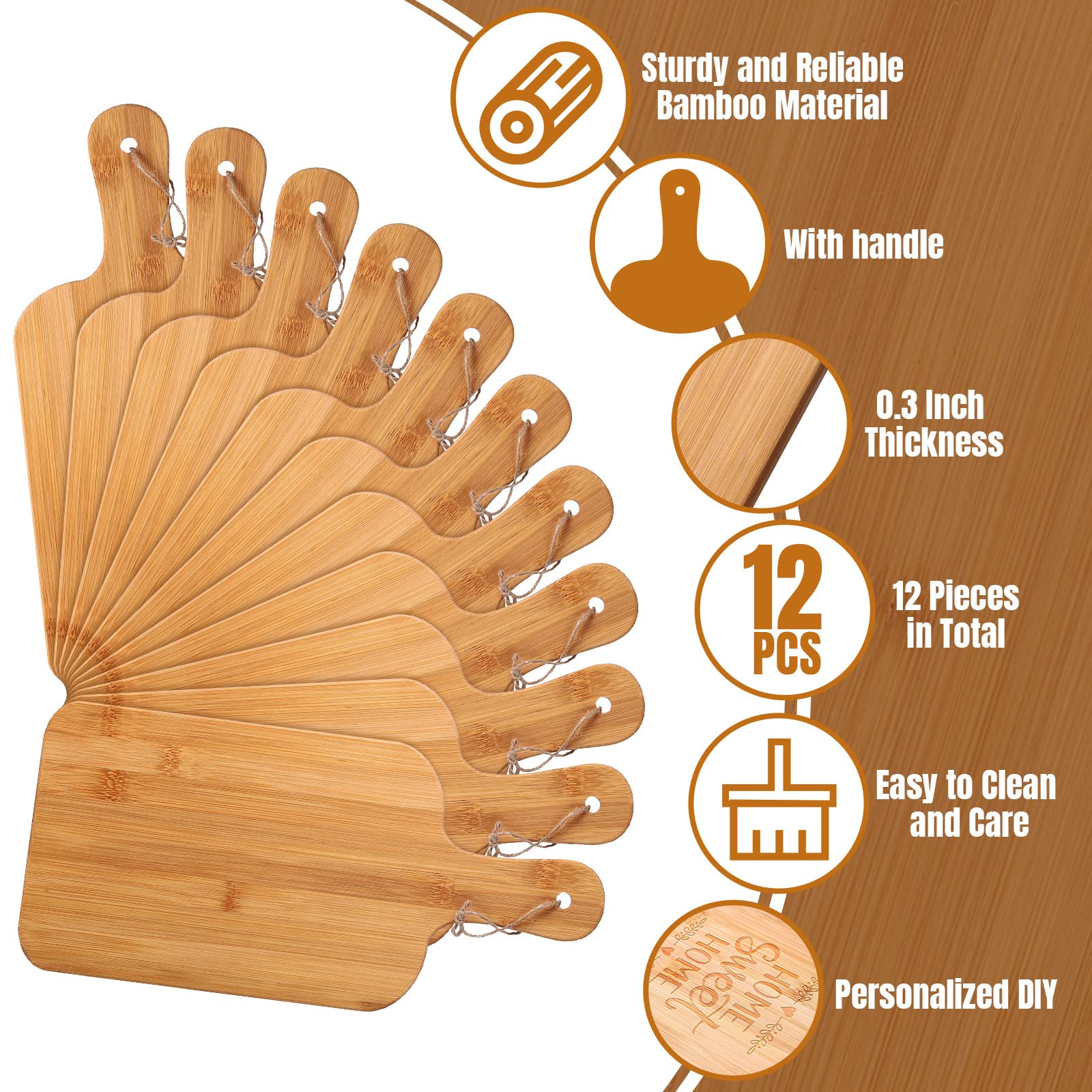 Juego de 12 tablas de cortar lisas con asas, tabla de servir grande, tabla de cortar de madera a granel para verduras, carne, pizza, queso, pan de frutas (15 x 7 pulgadas, bambú)
