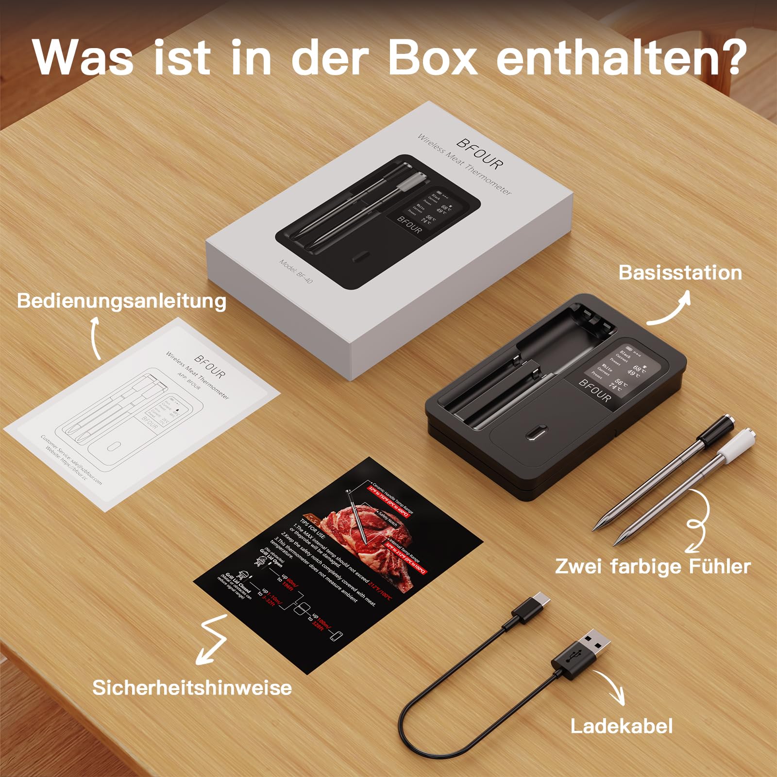 BFOUR Fleischthermometer Kabelloses mit 2 Sonden, App Alarm für Grill & Ofen