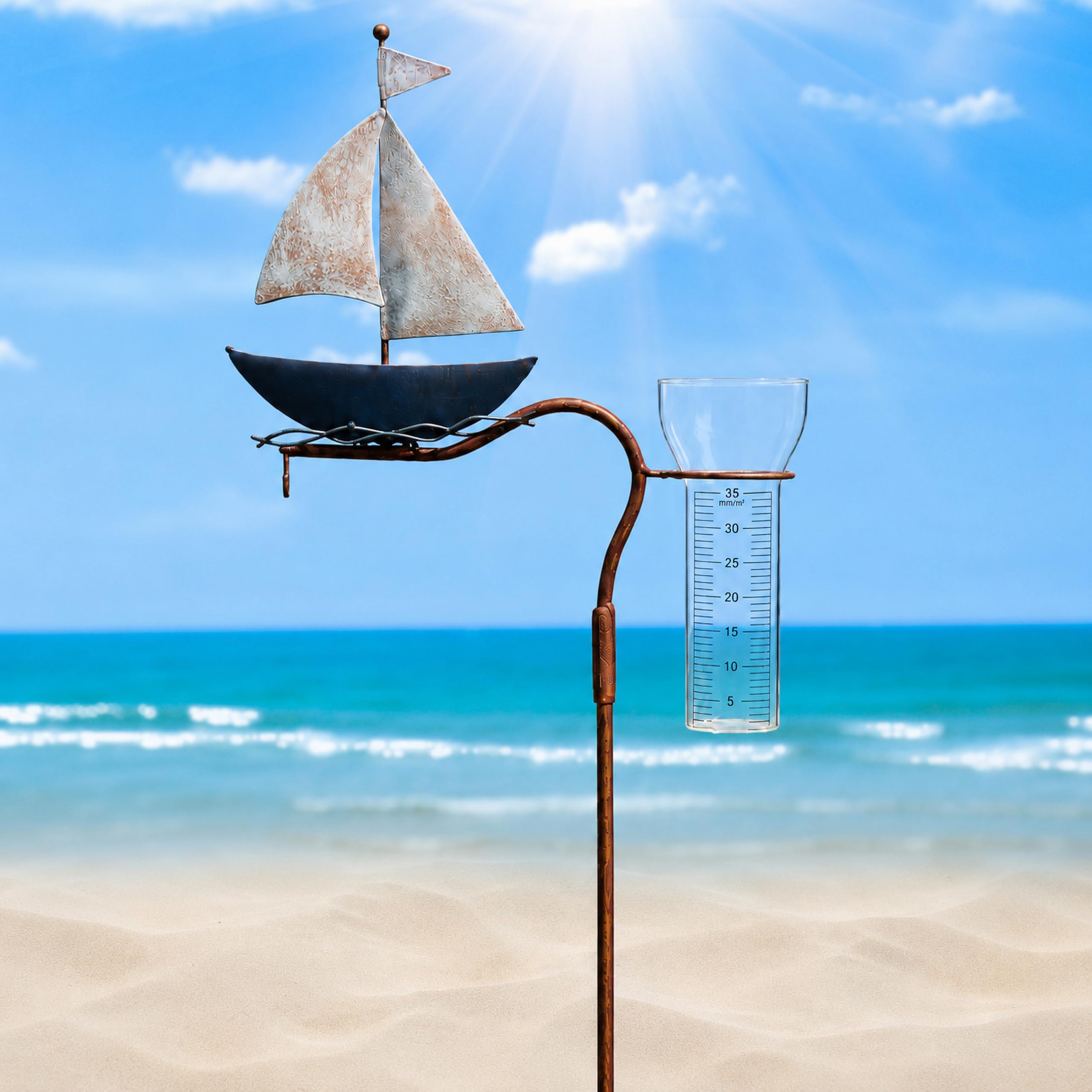Pommerntraum ® | Regenmesser Niederschlagsmesser Pluviometer maritimer Gartenstecker Segelschiff mit Meisenknödelhalter - tolle nautische Gartendekoration + Gartenteichdeko (Segelboot)