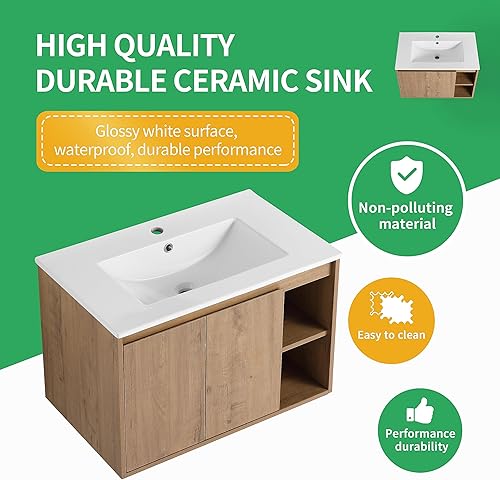 Miniatura 5 de Juego de tocador de baño de 30 pulgadas con lavabo, montado en la pared, 1 puerta y estante lateral derecho para espacios pequeños, tocador de baño