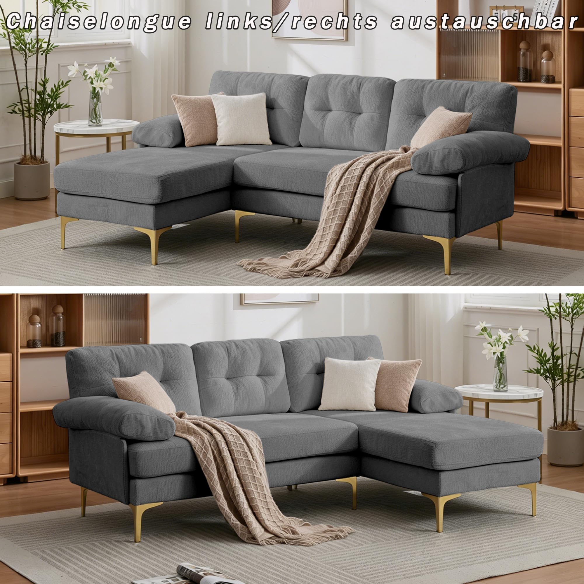 Generisch Szenilowa sofa 3-osobowa, w kształcie litery L, szara, wymienna strona do leżenia