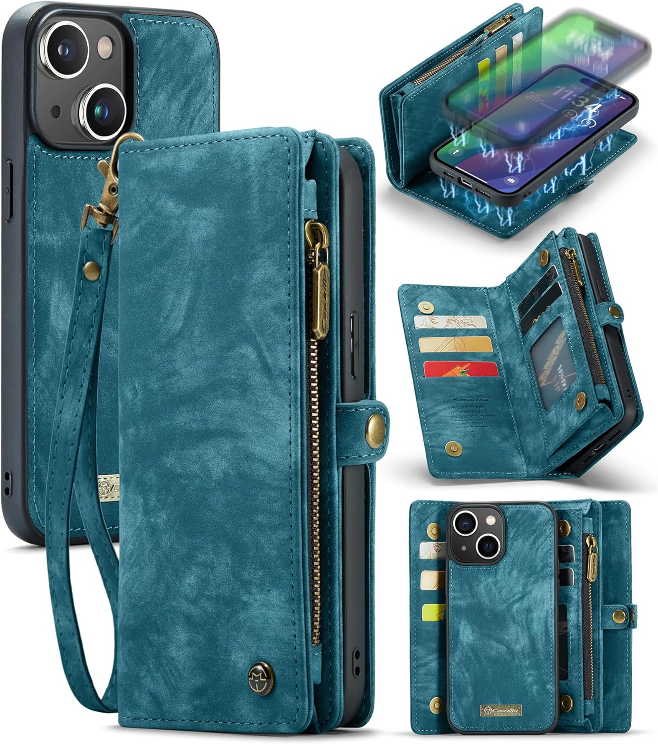 CaseMe Wallet Case for iPhone 15 Plus, Multi-Function 2 in 1 Flip Retro Handmade Durable Leather Zipper Shockproof Case with Card Slots and Detachable Magnetic Back Cover for iPhone 15 Plus (Blue)
