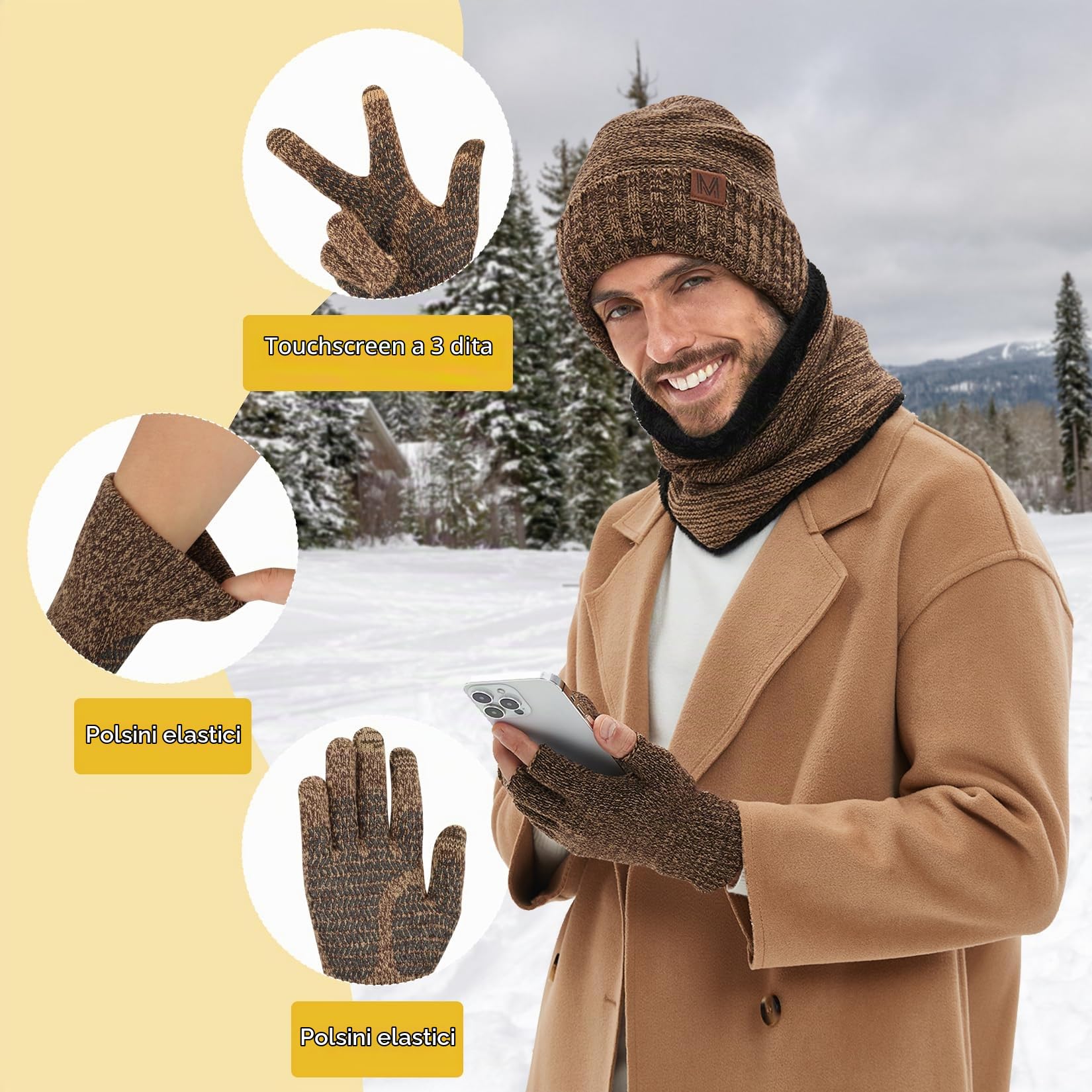 Maylisacc 3Pcs Slouch Beanie Invernale Scaldacollo Termica e Guanti Touch Screen a Maglia Uomo Donna con Fodera in Morbido Pile