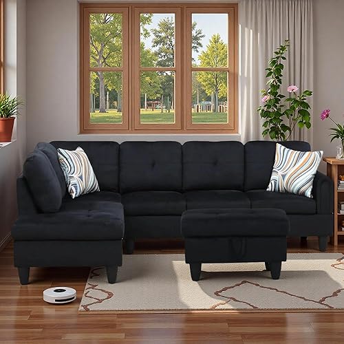 Miniatura 4 de Sofá seccional en forma de L con diván y otomana de almacenamiento, sofá modular convertible de 3 piezas para juegos de muebles de sala y negro