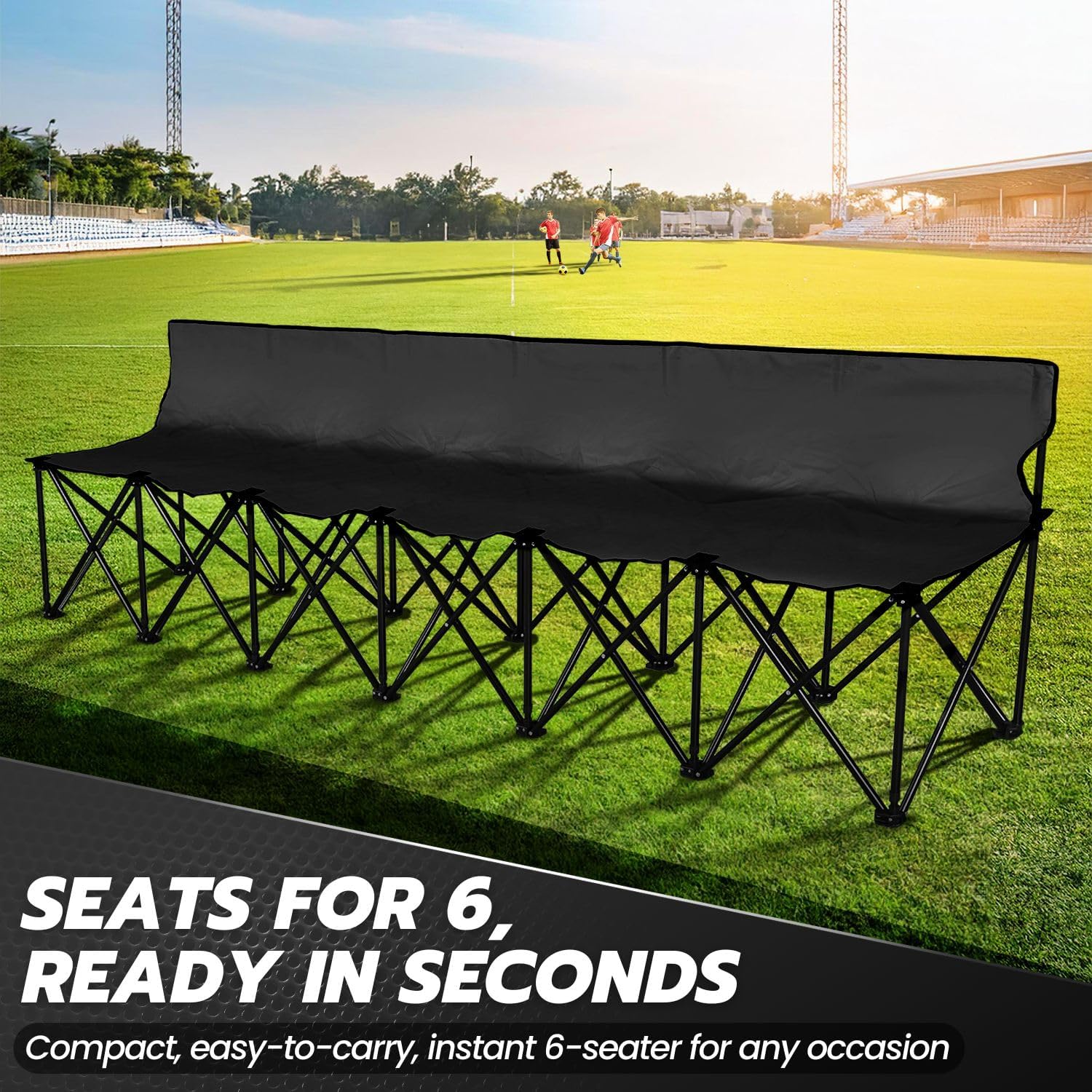 Flexzion Portable Folding Bench Seat, 6 Seater, Collapsible Soccer Bench, Portable Bench Seats for Bleachers, Camping, Sideline, with Back Rest and Carrying Bag, Black