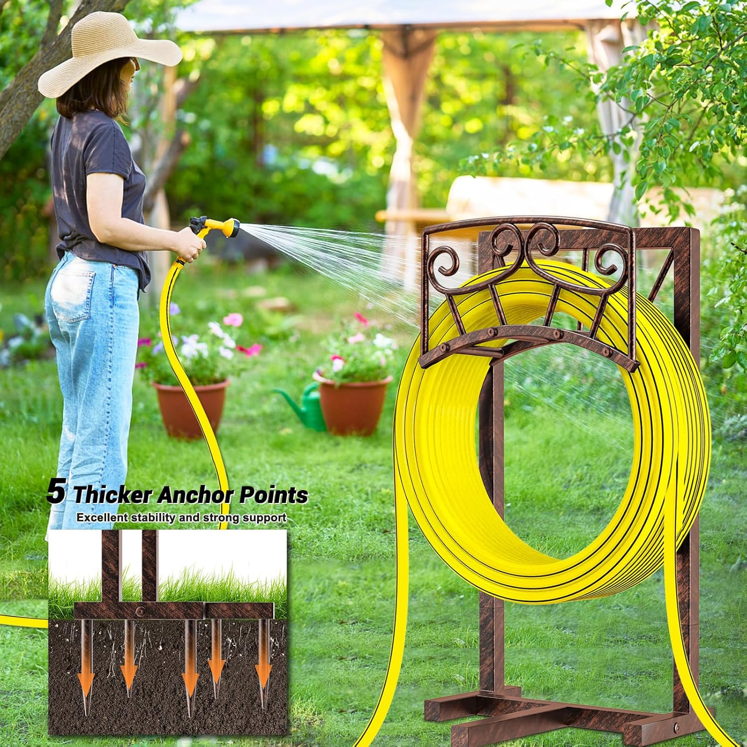 Garden Hose Holder, Heavy Duty Metal Water Hose Holders Hose Stand with 5 Spikes, Freestanding Hose Storage Rack Hose Hanger Holds 150ft Hose for Outside Yard Lawn Garden Decor (Vintage Copper-2P)