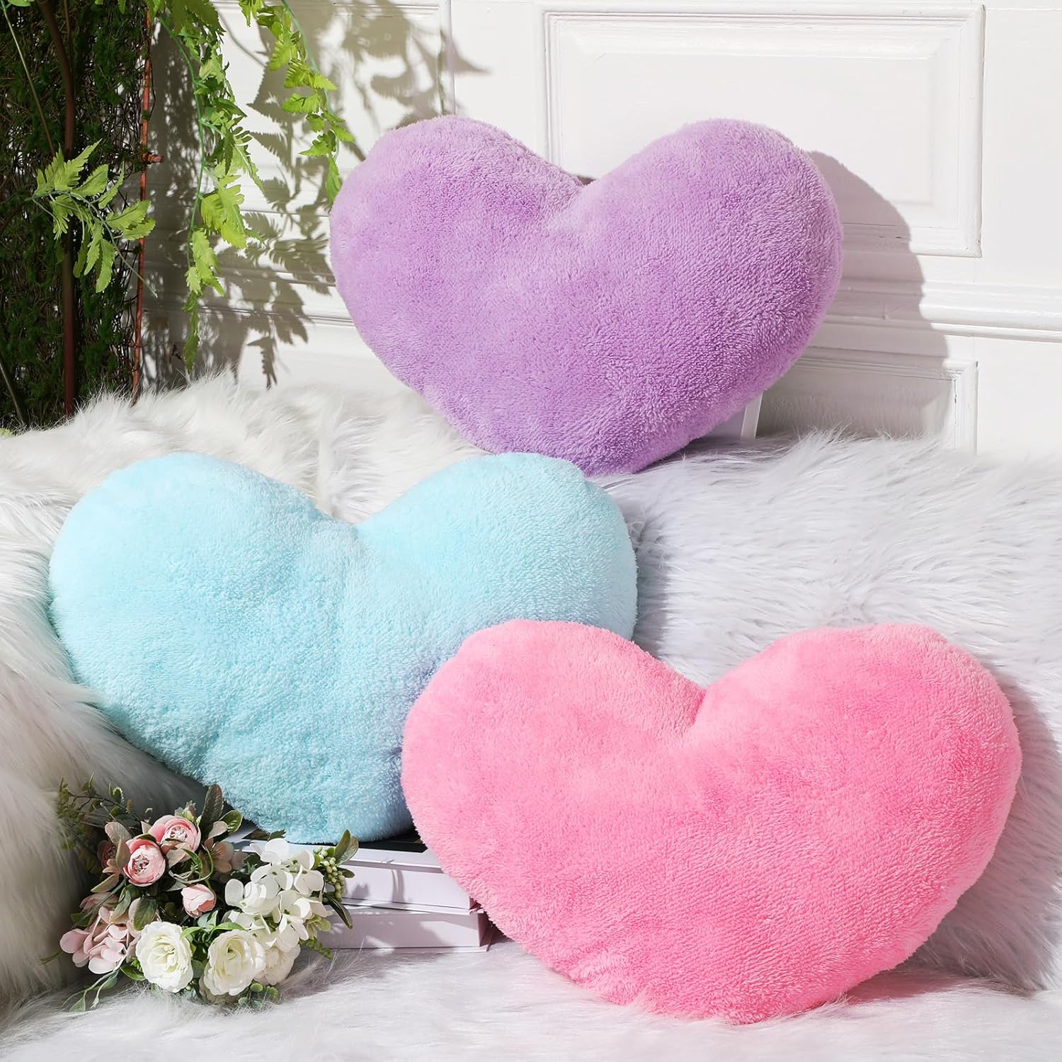 Unittype Heart Shaped Pillow Plush Cute Fluffy Cushion Heart Throw Pillow Decorative Back Cushions Women Gifts for Living Dining Room Bed Sofa, 15.75 Inch(Blue, Light Pink, Violet)