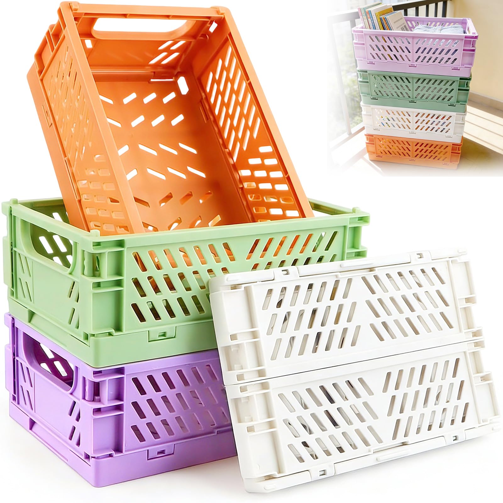 4 Piezas Caja Plegables Plastico, Cestas Almacenamiento Mini, Cajas Almacenaje Apilables, Cesta Organizador para Cocina, Baño, Oficina, Dormitorio, Aula, Armario (25.3 x 16.5 x 10 cm)