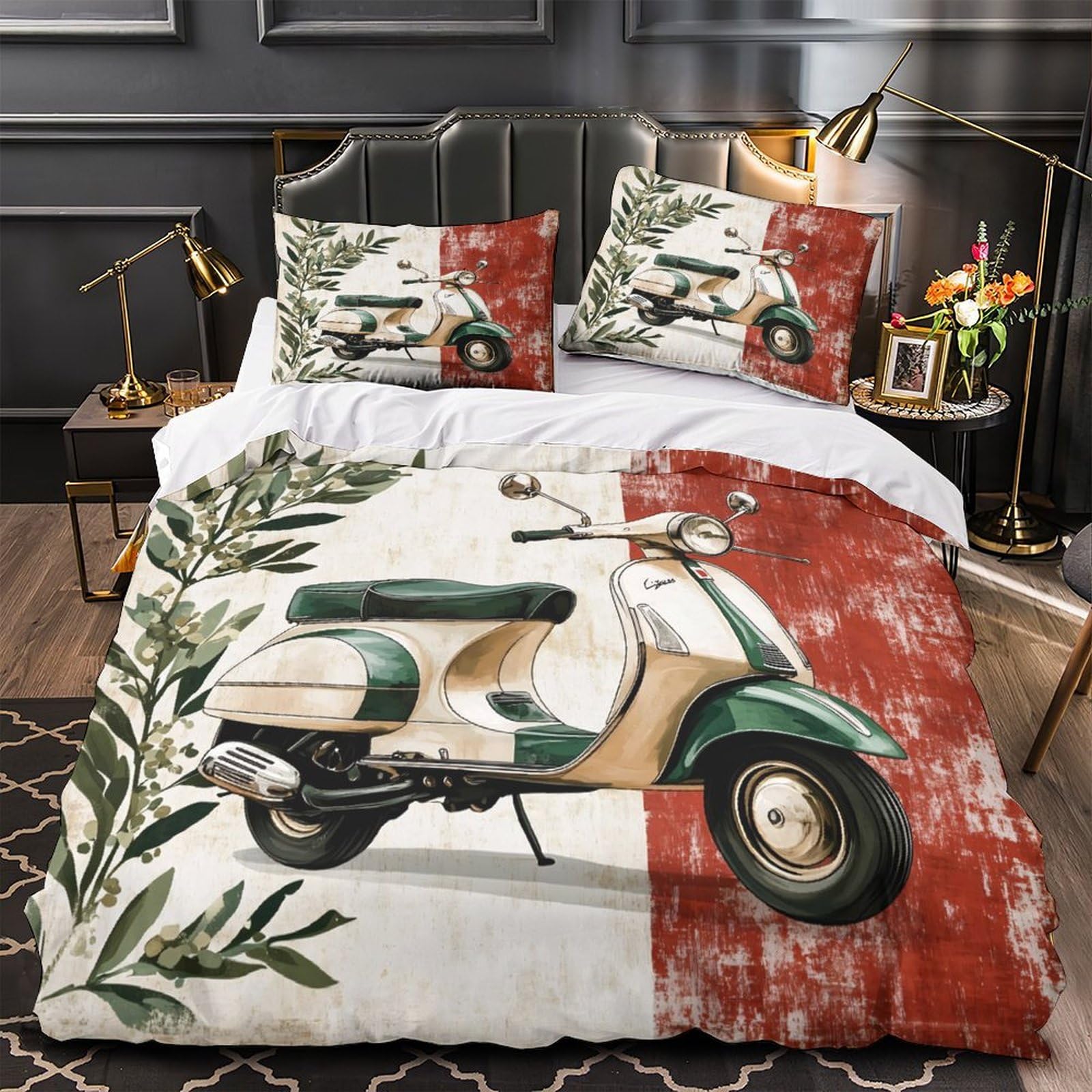 Yvaspqrtw Girls Xzbbgjzqwxg2 Vintage Scooter 3D Printed Duvet Cover Set 3Pcs Microfibre Lightweight Concealed Italian Retro Design Duvet Insert Cover 2 Pillowcases Skin-Friendly Home Decor Kids & Double（200X200cm）