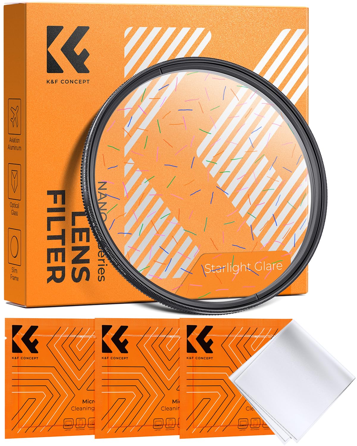 K&F CONCEPT 55mm Colorful Brushed Filter Ultra-Thin Frame Optical Glass Starlight Glare Special Effect Filter with 3 Vacuum Cleaning Cloths for Camera