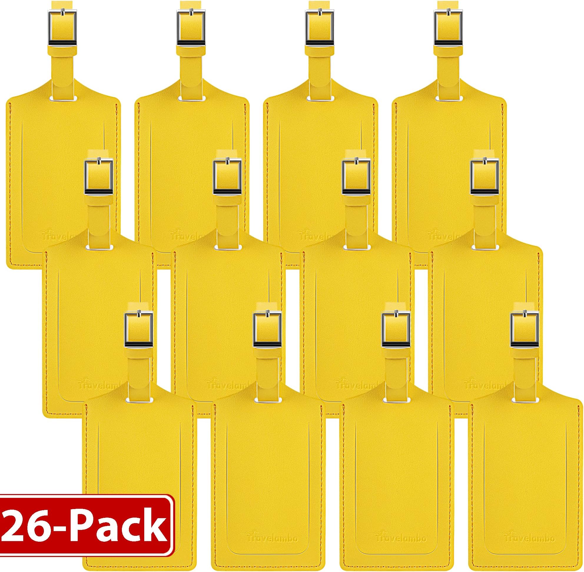 Travelambo 26 Pack Luggage Tags for Suitcases Privacy Protection Bag Tags Faux Leather Travel Accessories Essential, Energetic Yellow