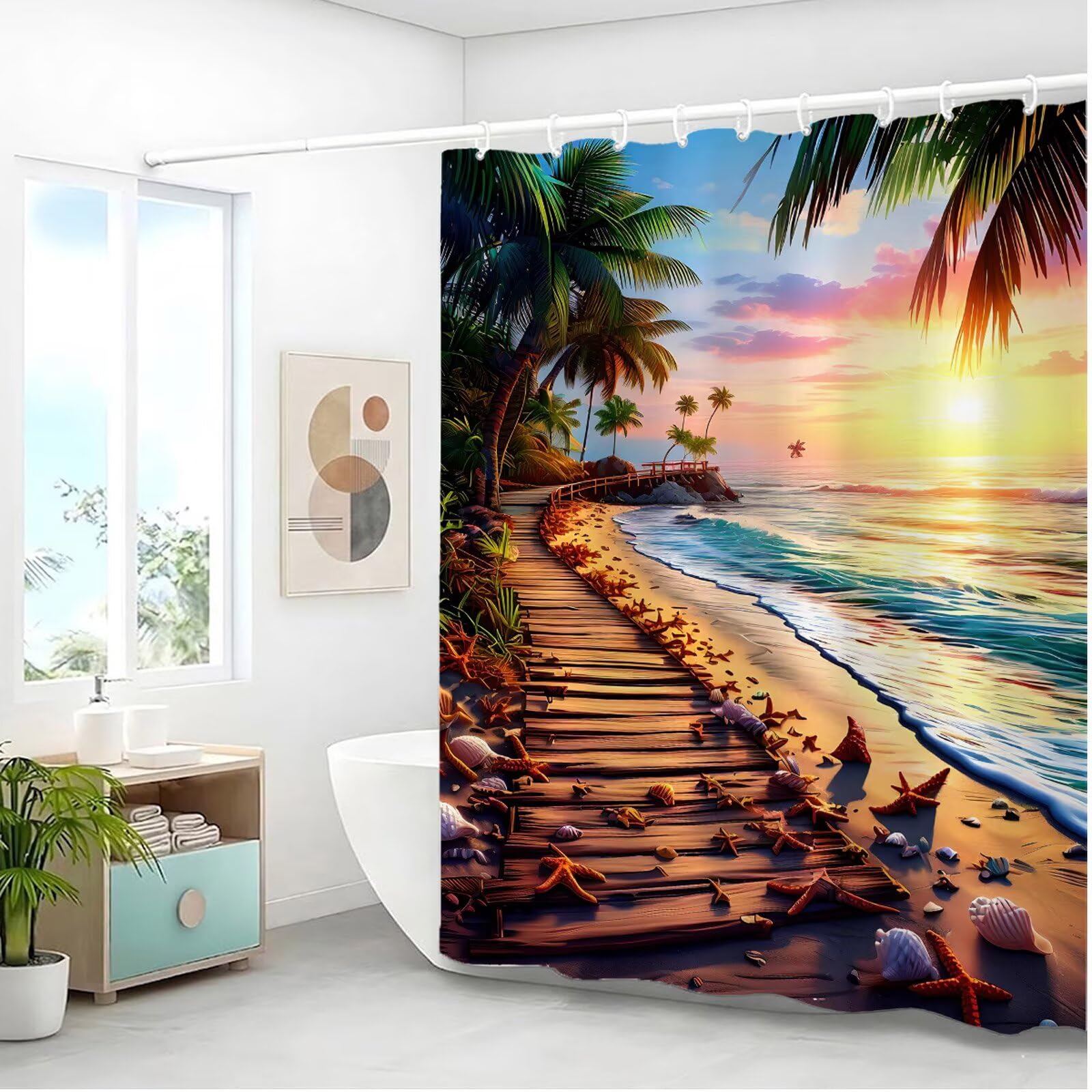 Zasłona prysznicowa plażowa 200 x 240 cm, wodoodporna, szybkoschnąca tkanina poliestrowa, bardzo długa zasłona prysznicowa z obciążonym dnem i 12 haczykami, nadaje się do prania, zasłony łazienkowe do