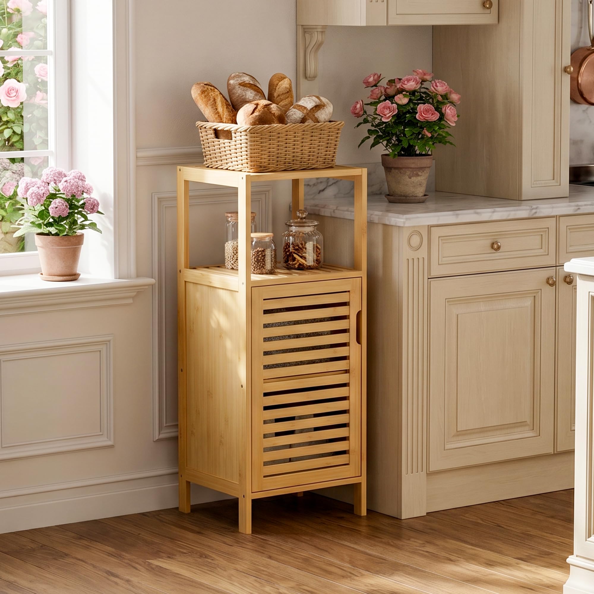 HITNET Mobile Bagno Piccolo, Mobiletto Bagno Basso da Terra, Armadietto da Pavimento in Bambu con Compartimento Aperto, adatto per Soggiorno, Cucina e Corridoio, Naturale