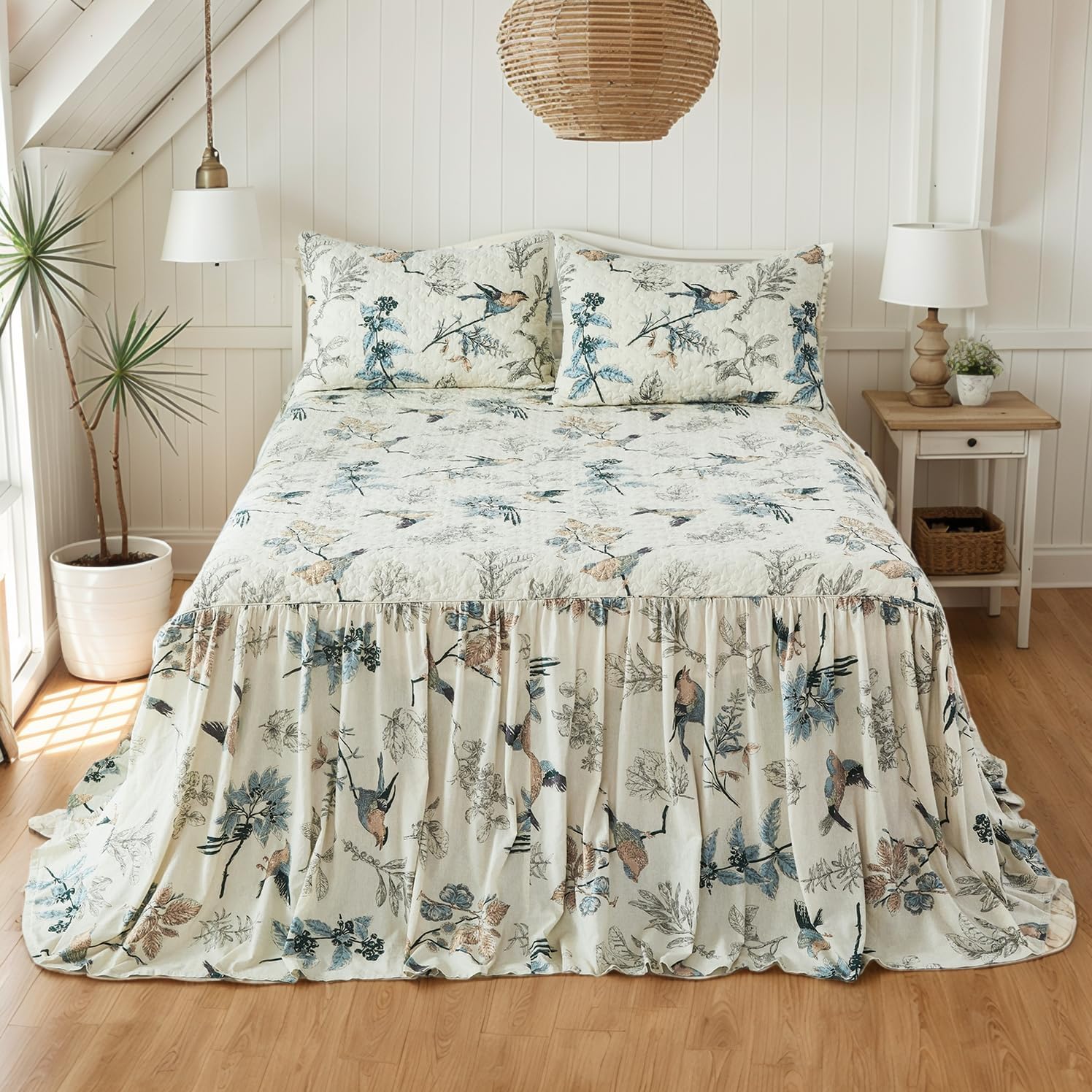Brandream 100% Cotton Queen Size Bedspread Set Beige American Country Birds Printing, Oversized 60x80 + 30in Drop Cottage Bedding Coverlet with 2 Standard Shams