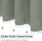 Boho Green Shower Curtains 72x72, Minimalist Farmhouse Shower Curtain with Tassels, Sage Green Chevron Striped Shower Curtain for Bathroom, Washable Fabric Shower Curtain with Hooks