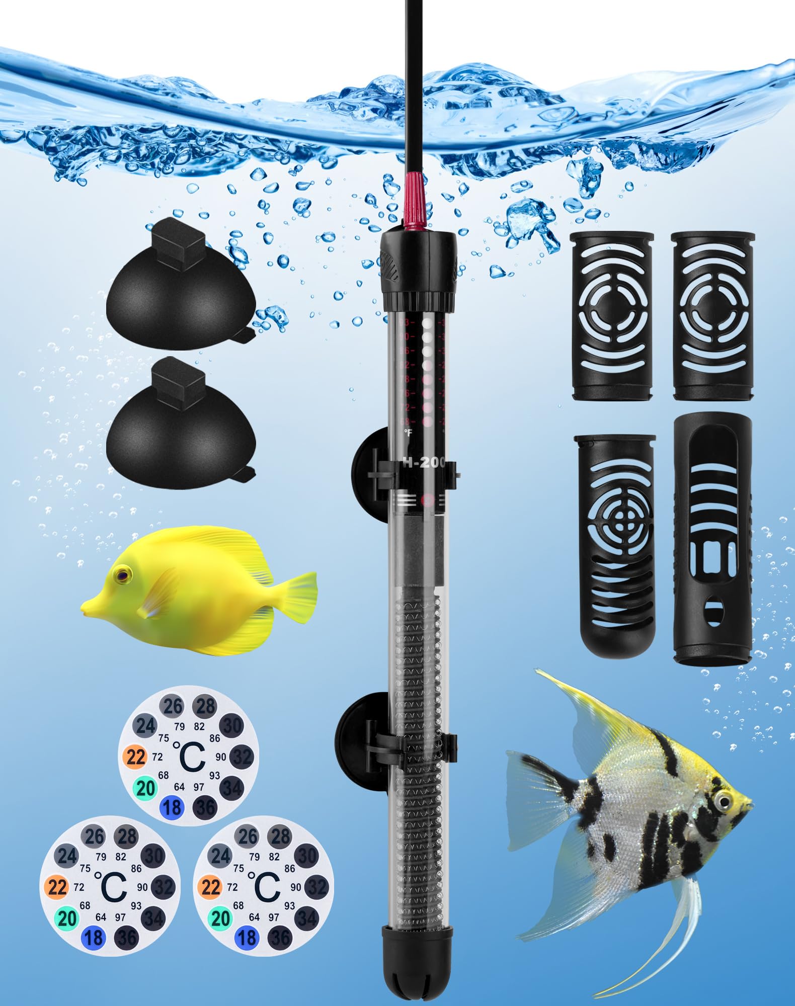 LAOYE Aquarium Heizung 200w Aquarium Heizstab 120-200L Temperatur Einsatellbar Aquarium Heizer mit Kontrollleuchte Saugnäpfen Schutzhülle Aquariumheizer für Aquarien Fischtanks, 20-34°C, 200W