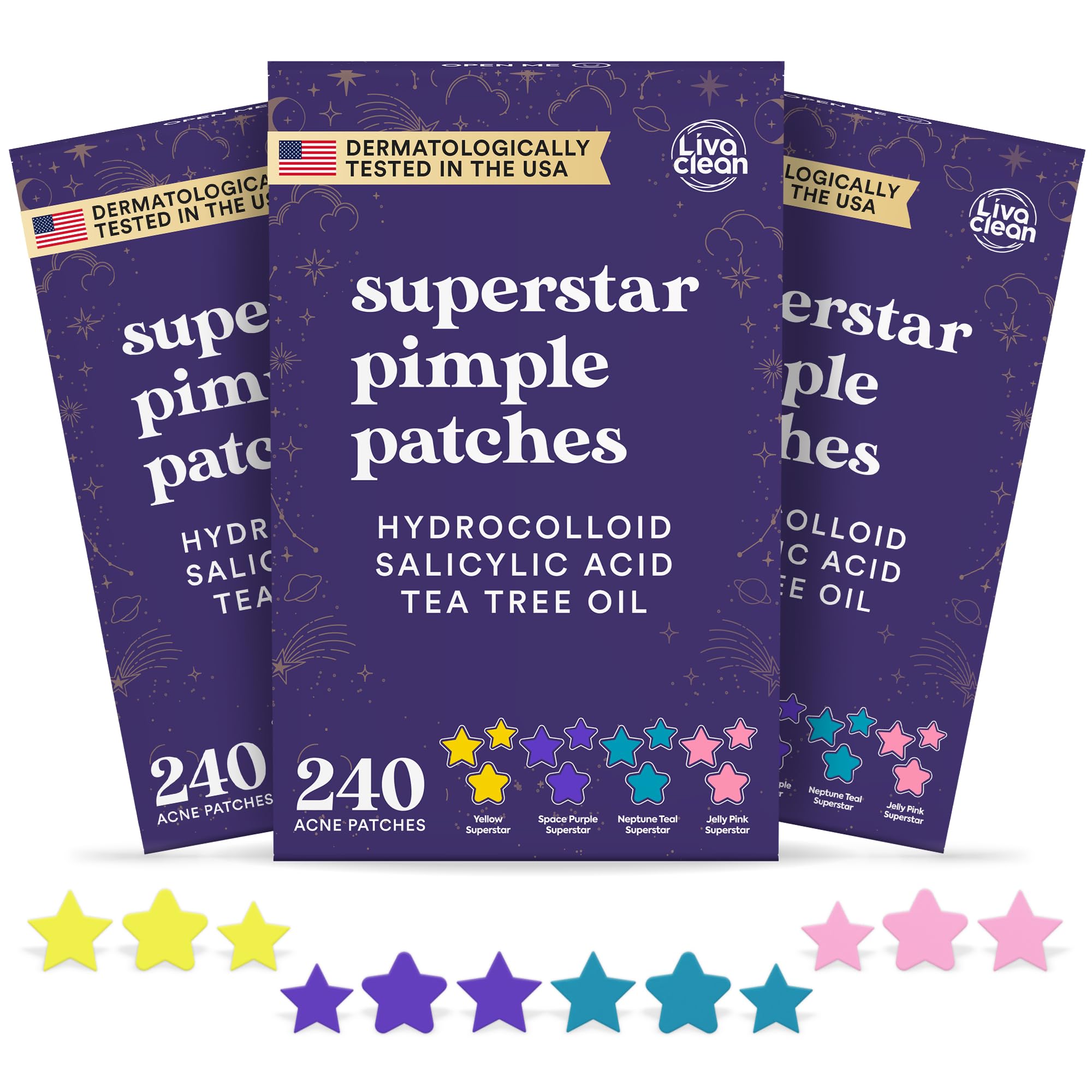 LivaClean 720 CT (3 Pack of 240) Superstar Pimple Patch for Face - Salicylic Acid & Tea Tree, Hydrocolloid Acne Patch, Pimple Patches Star Cute Zit Patches - 3 Sizes