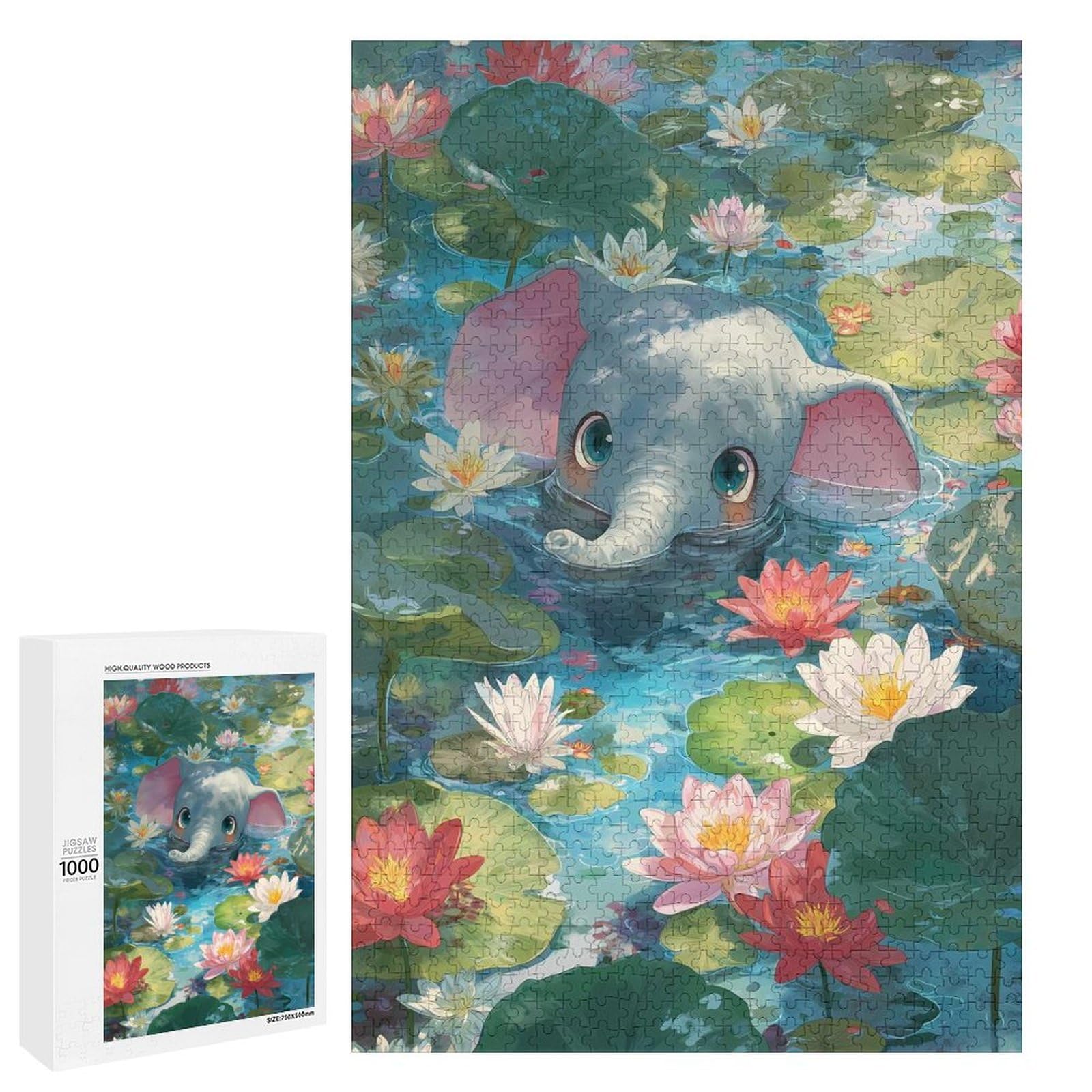 Puzzles for Adults 1000 PCS Puzzles Cute Elephant in Lotus Pond Puzzles for Adults Toy Wall Decor Difficult Hard Help The Brain Exercise 1000 PCS