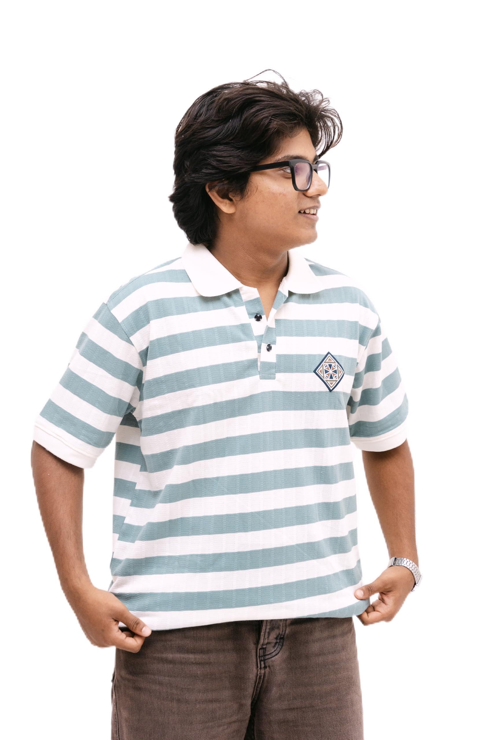 Men's 100% Cotton Striped Polo T-Shirt | Regular Fit Half Sleeve Collar Neck Casual Polo Tee for Men | Soft Breathable Everyday Wear (in, Alpha, S, Light Green/White)-picture-35